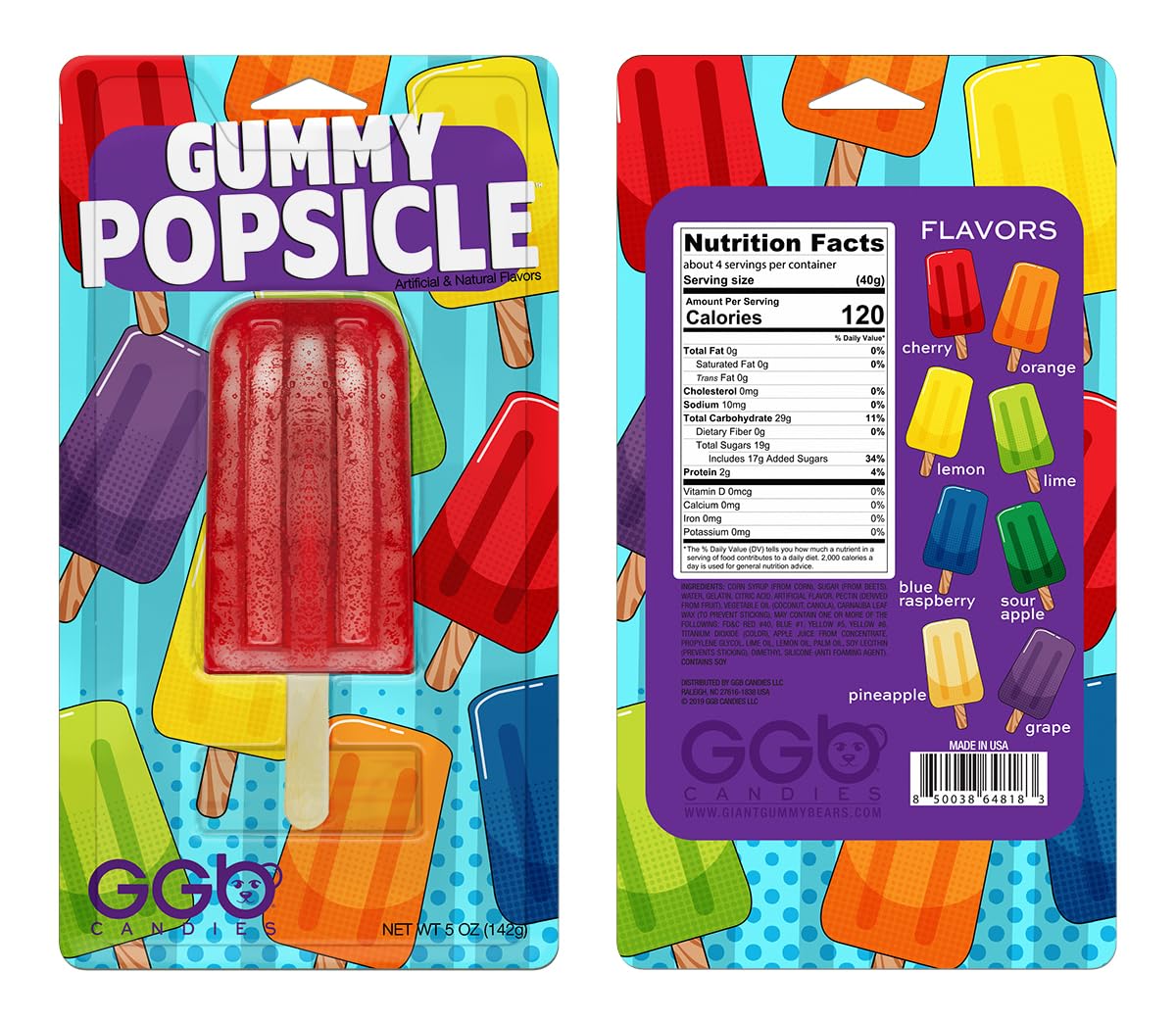 Gummy Popsicle: A Cool Treat with a Variety of Flavor Choices, by GGB Candies (Cherry & Blue Raspberry / 2-Pack)