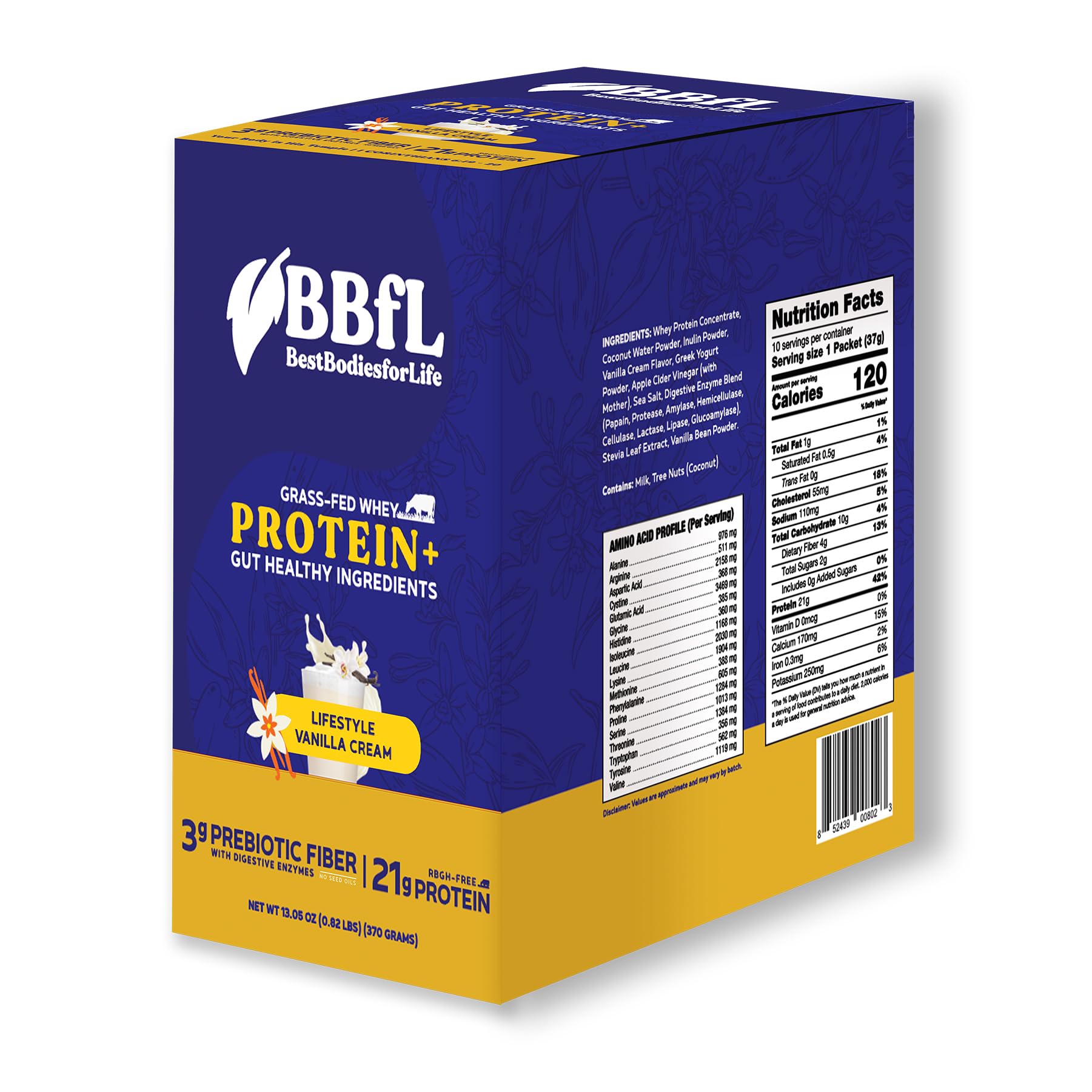BBfL Grass-Fed Whey Protein Shake - 21g rBGH-Free Protein, Vanilla Bean + Apple Cider Vinegar, Prebiotics, Digestive Enzymes, Supports Gut Health