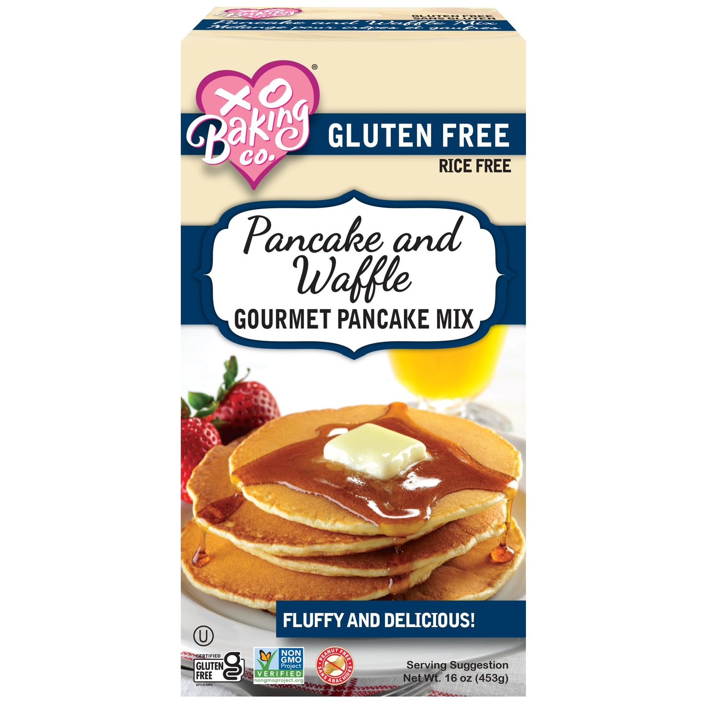 XO Baking Co. Gluten Free Gourmet Pancake & Waffle Mix; Non-GMO; Kosher; Rice Free; Peanut Free; Soy Free; Dairy Free; No Preservatives; No Artificial Flavors or Colors, 16oz