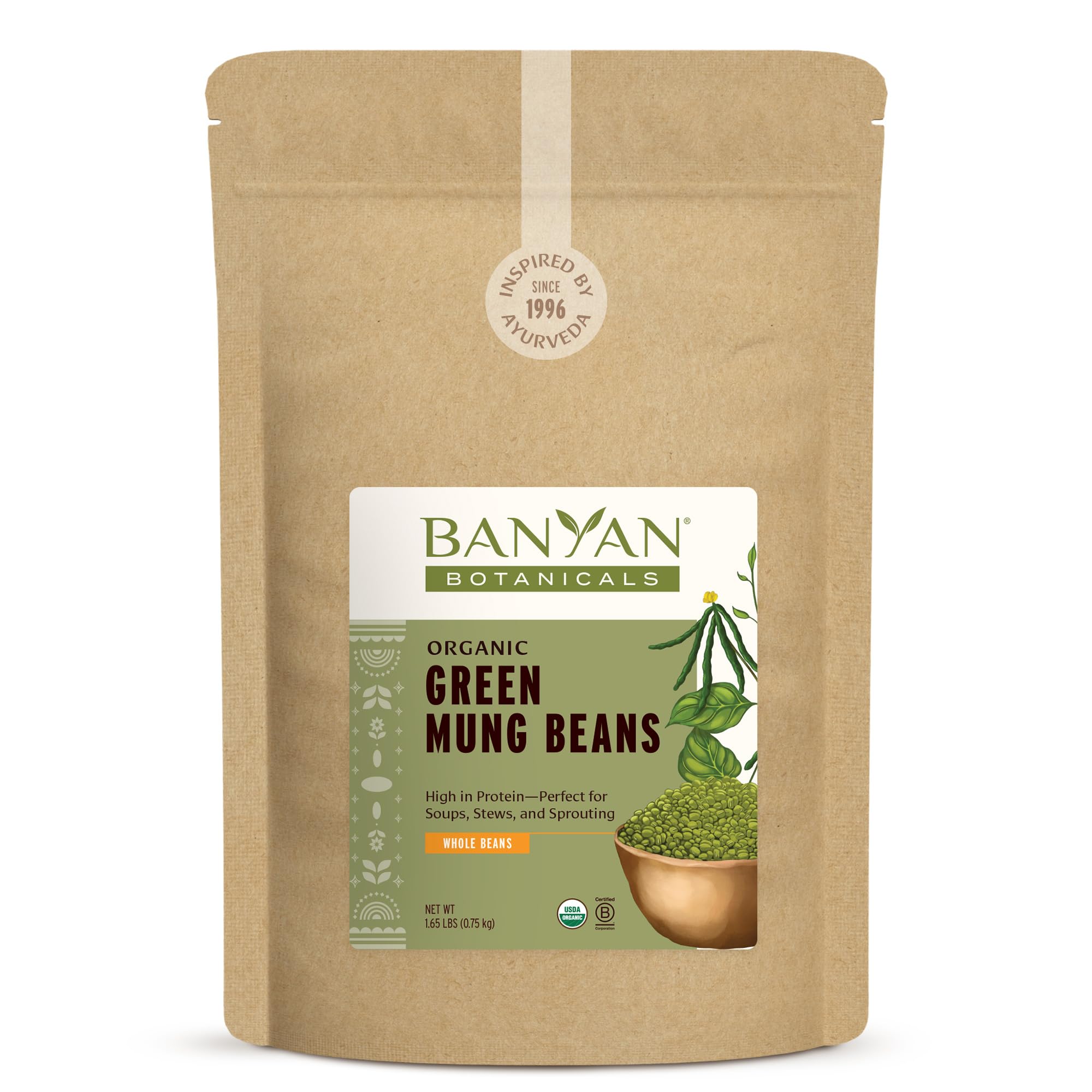 Banyan Botanicals Green Mung Beans - Whole Organic Green Mung Beans for Cooking High Protein Vegetarian Meals - Easy Digestion Meal - 1.65 lb