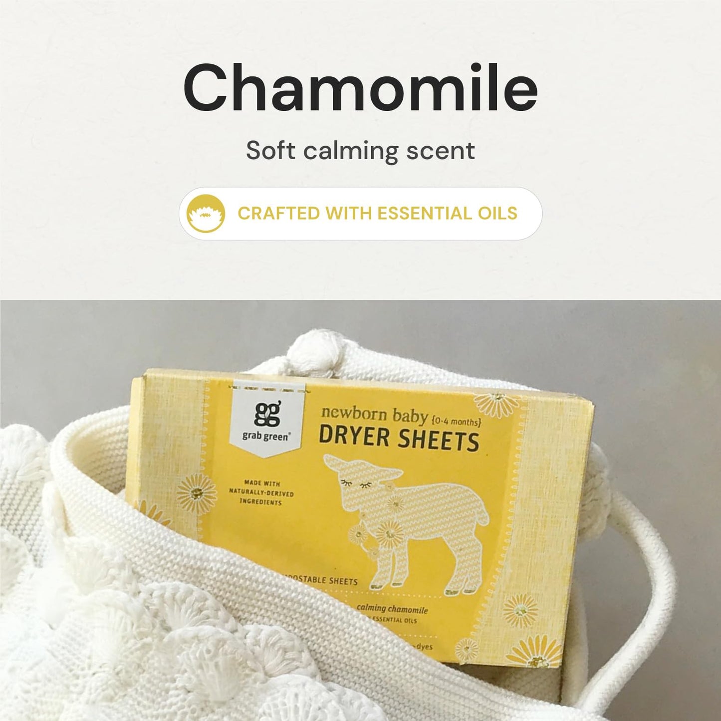 Grab Green Newborn Baby Dryer Sheets - Natural Scent Booster and Fabric Softener to Reduce Wrinkles and Static (Calming Chamomile Scent, 120 Sheets