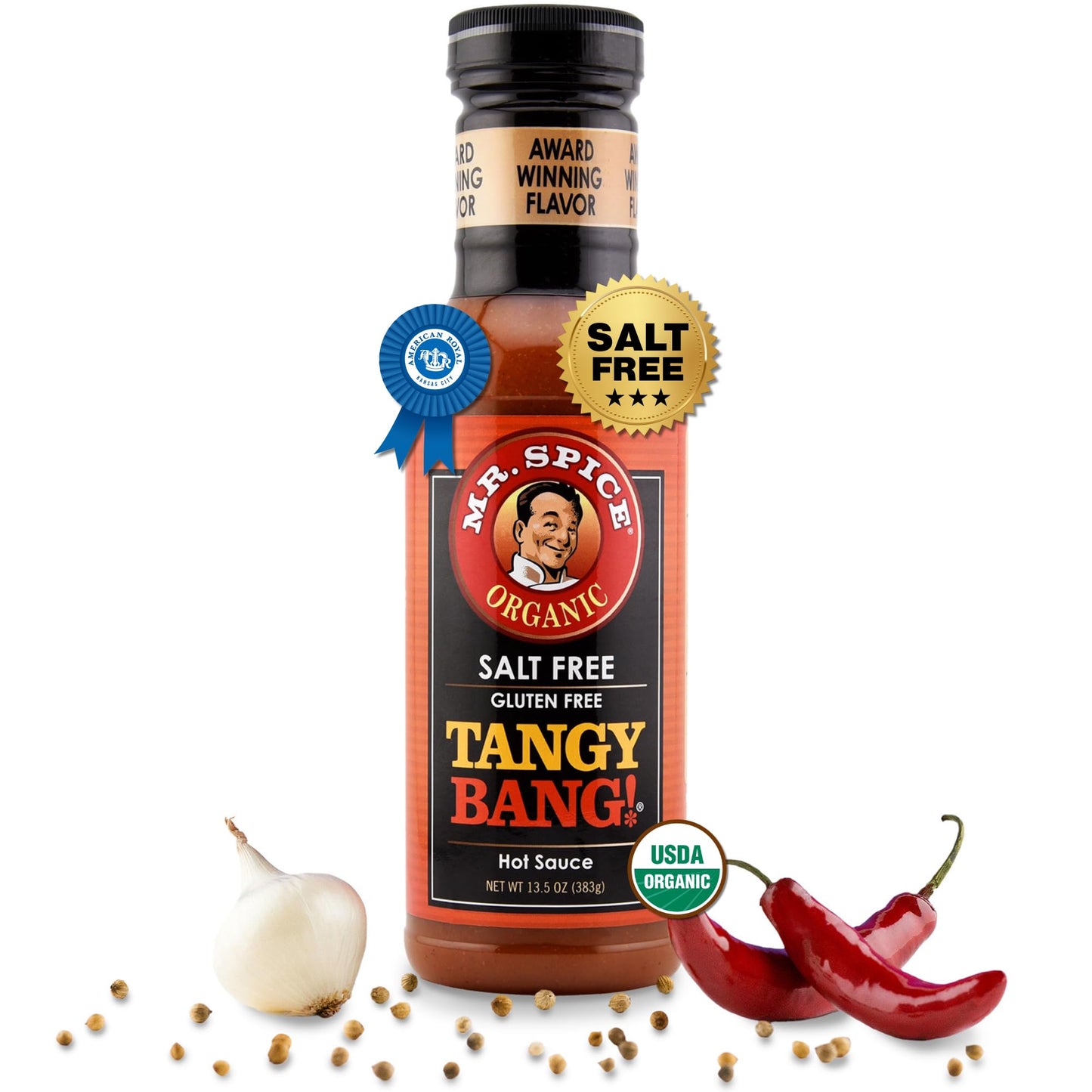 Mr. Spice Organic Hot Sauce, Salt Free Tangy Bang Hot Sauce (0mg/serving), Gluten Free, Low Sodium Sauces for Marinade, Grill & Air Fryer, No Salt