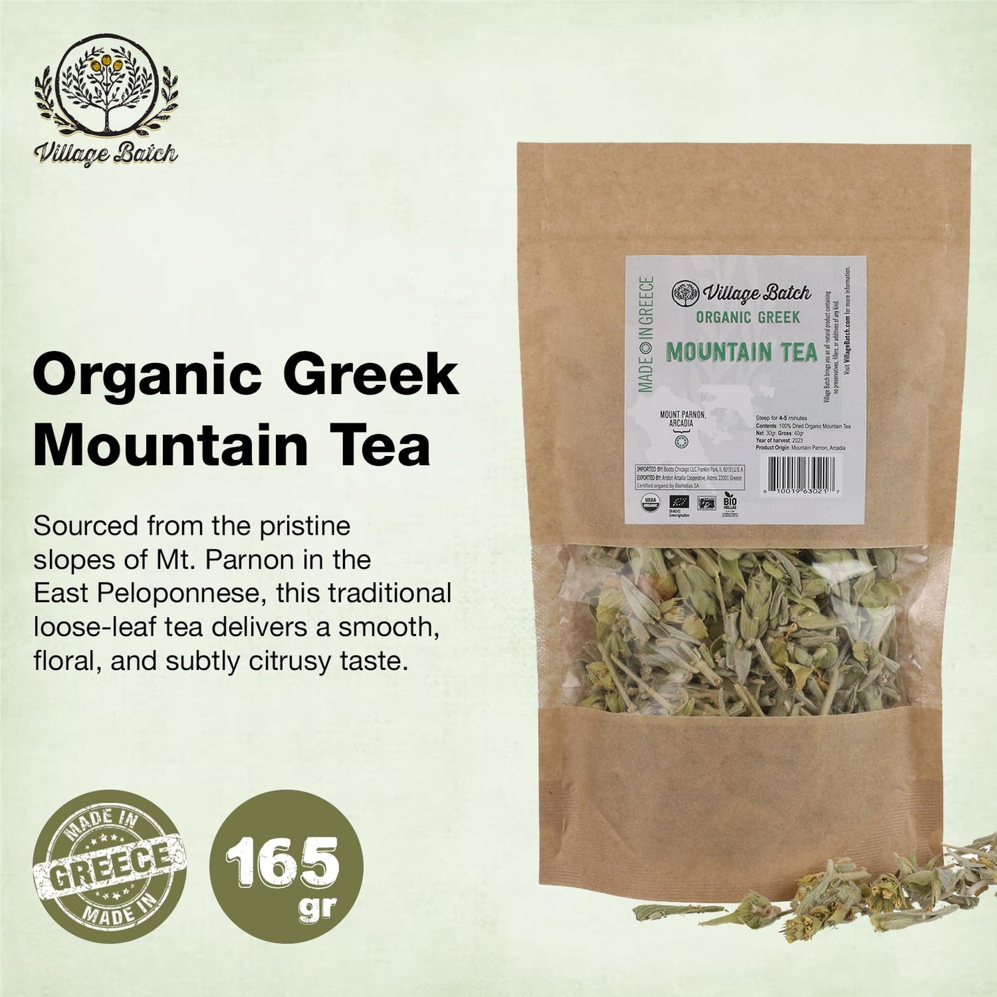 Village Batch Organic Greek Mountain Tea 1.06 Ounce (Pack of 1) Loose Leaf, Hand-Harvested Herbal Tea from Mt. Parnon, Greece, Naturally Caffeine-Free