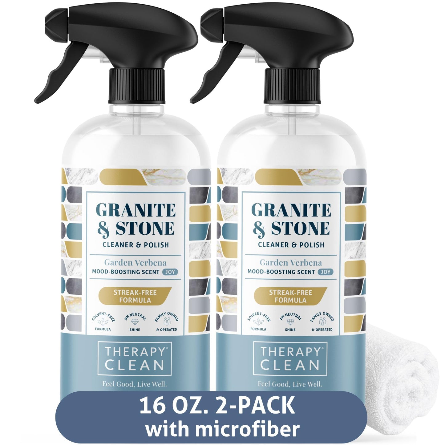 Therapy Granite Countertop Cleaner & Polish (2 Pack - With Microfiber) - pH Neutral, Marble Cleaner, Soapstone, Quartz, Stone, Quartzite, Slate