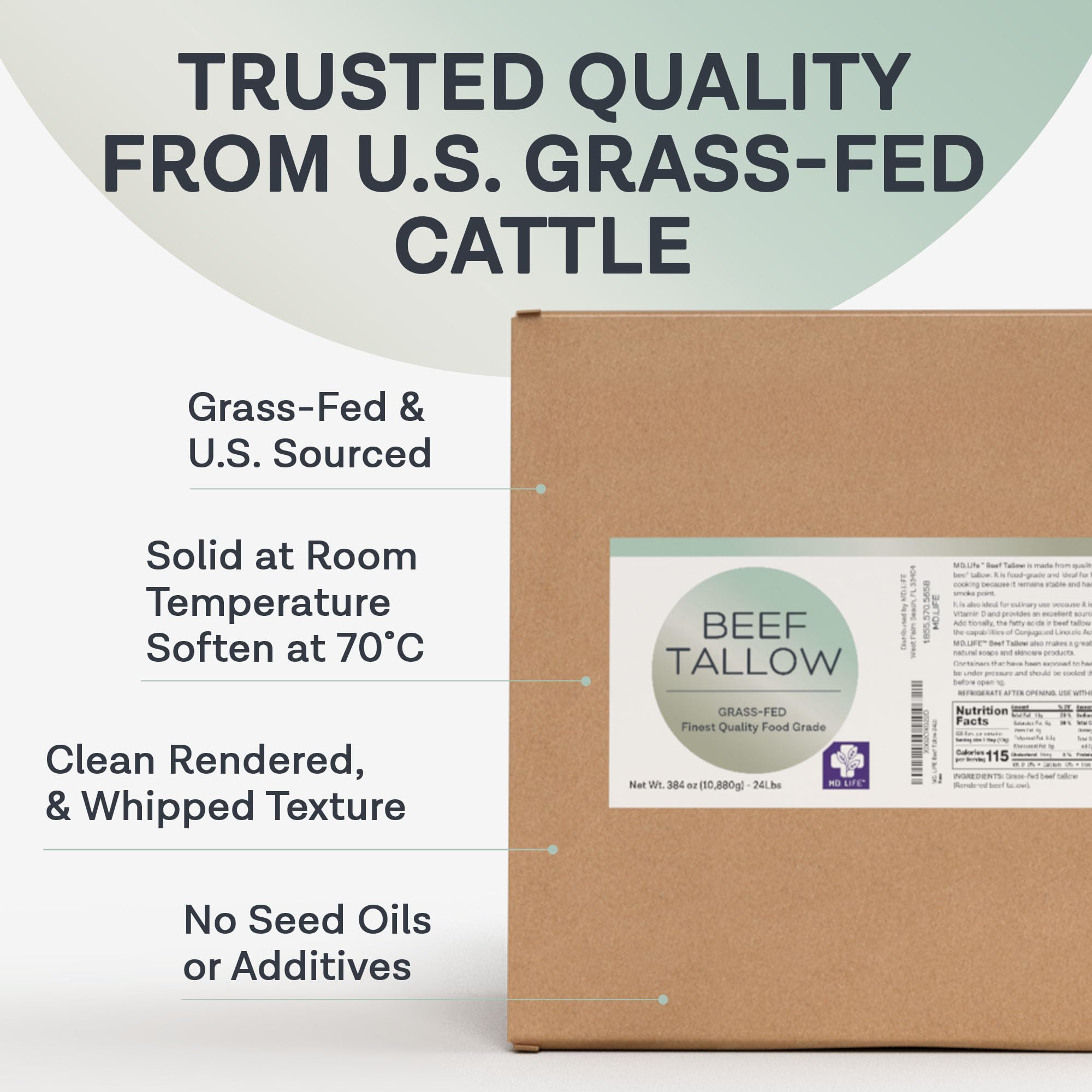 MD. Life Bulk Beef Tallow for Cooking - Food Grade Grass Fed for Cooking Oil Replacement - 24 Pounds - Pasture Raised Keto Friendly Beef Tallow- Used