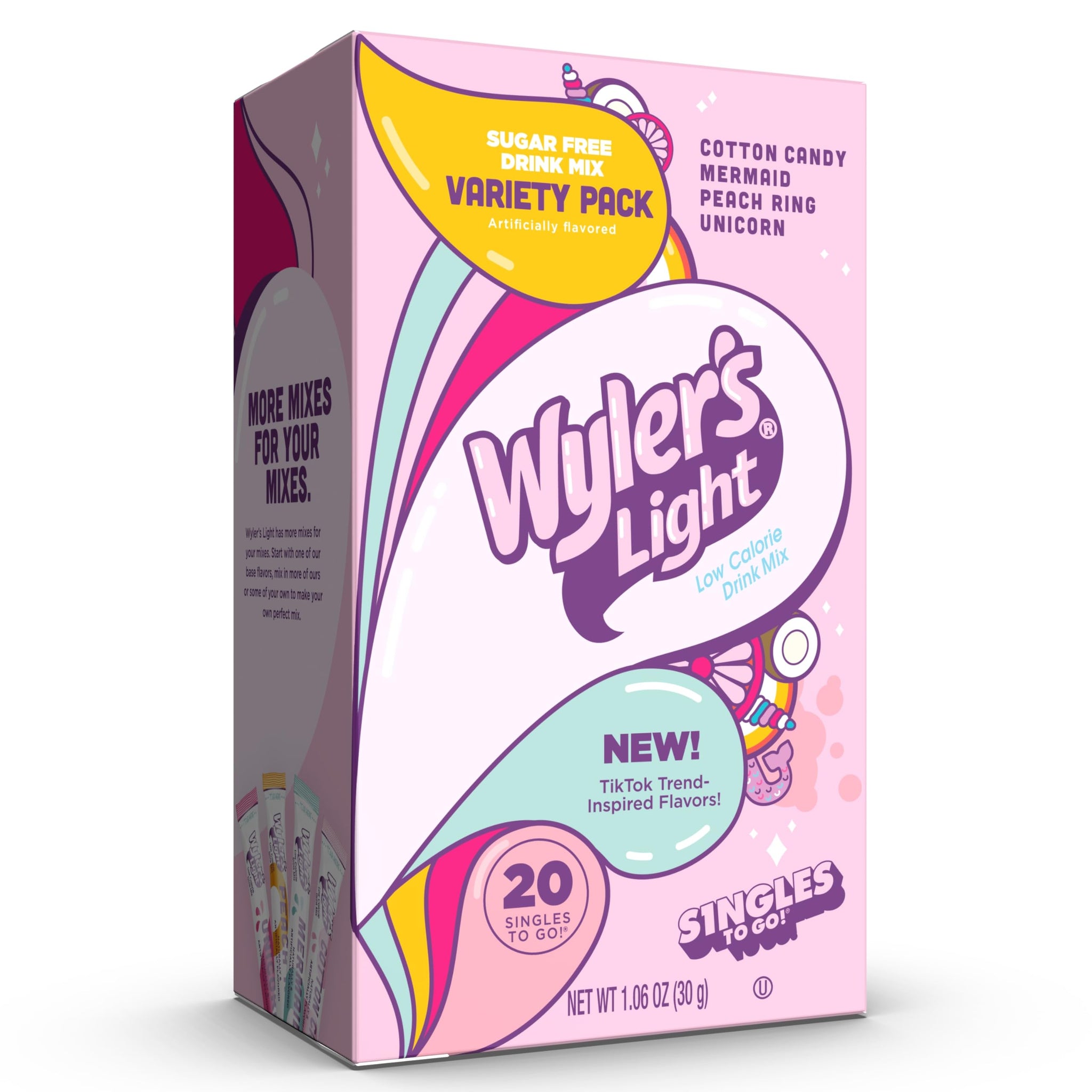 Wyler's Light Singles to Go Powder Packets, Water Drink Mix, Variety Pack, Watertok Fun Flavors, Cotton Candy, Mermaid, Peach Ring, Unicorn, Sugar