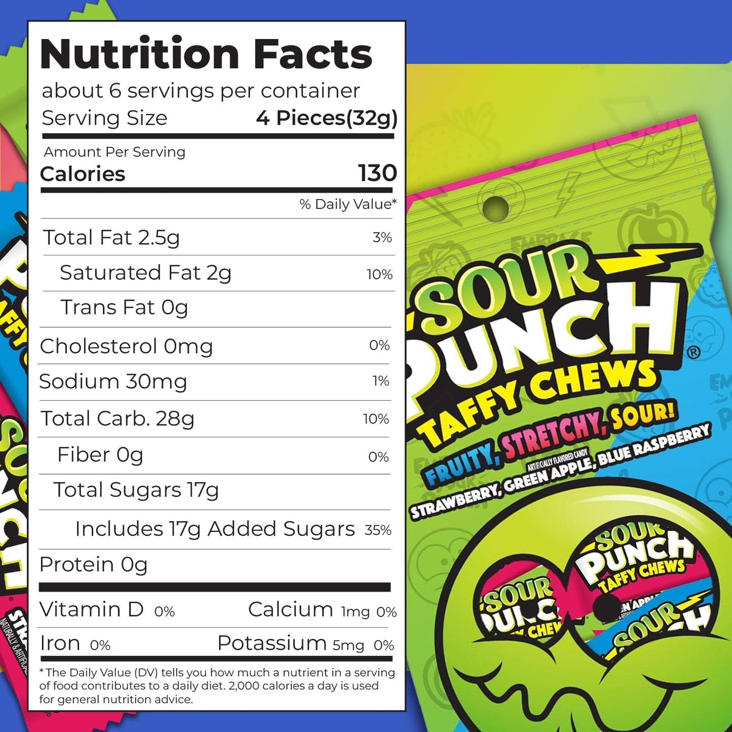 Sour Punch Taffy Candy Chews - 7 oz Bag (Pack of 1) - (Strawberry, Blue Raspberry, Green Apple) - Individually Wrapped Chewy Candy - Fun Sour Chewy