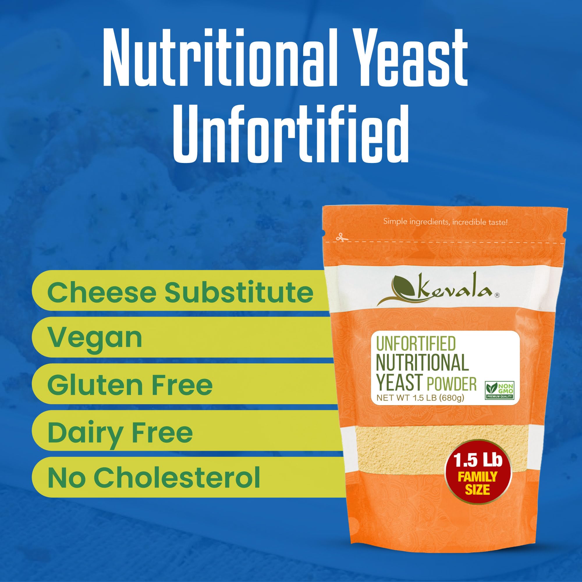 Kevala Nutritional Yeast - Premium Non Fortified Powder for Vegan Cooking, Product of USA, Seasoning with a Cheesy Flavor, Dry Yeast With No Added