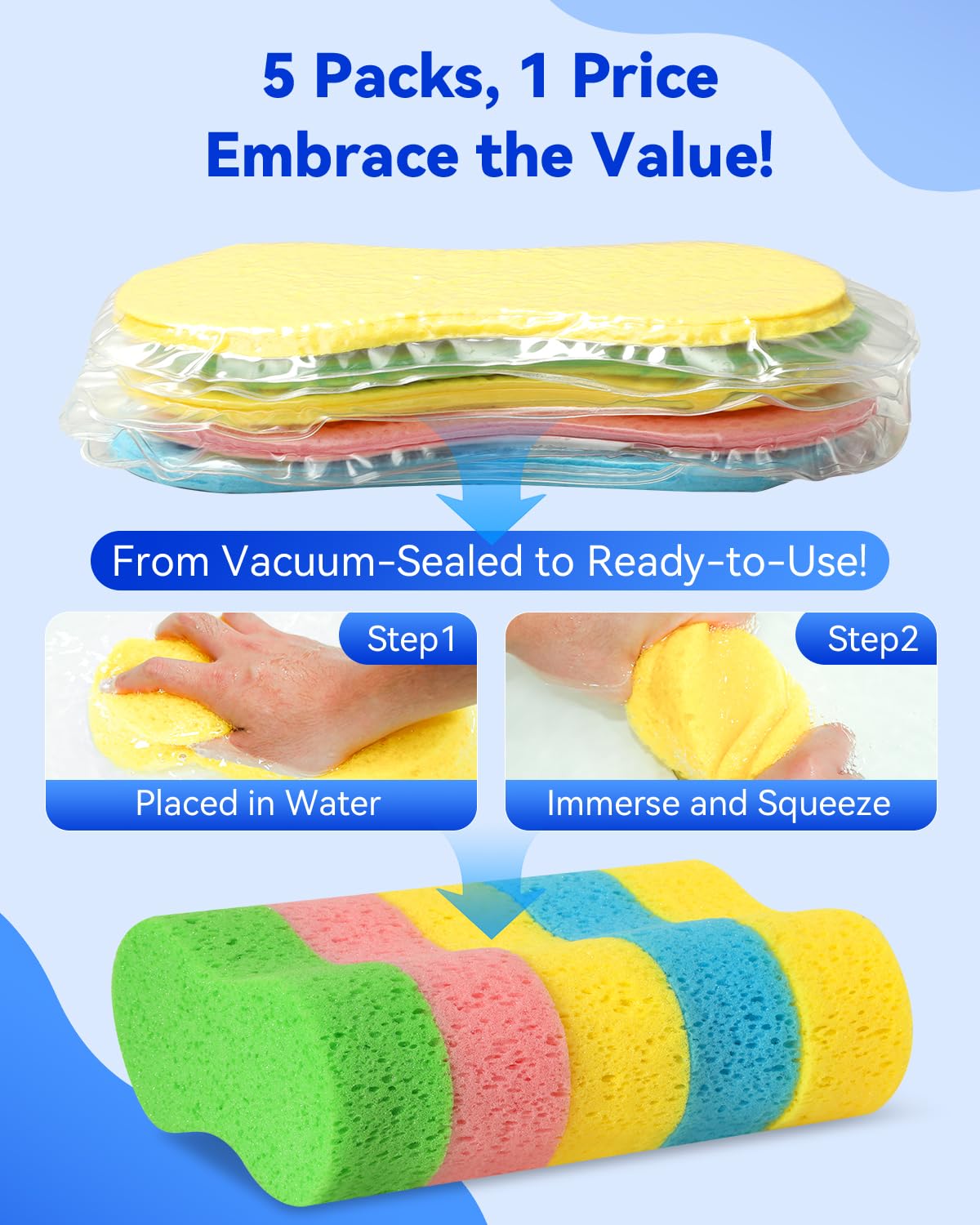 Temede 5-Pack Car Wash Sponges, 9.1" x 4.3" x 2.4" Large Sponges, Extra Thick Foam Kit for All-Purpose Cleaning, Ideal Washing Sponges for Kitchen