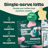 Copper Cow Coffee Pour Over Vietnamese Coffee Pouches + Sweetened Condensed Milk Creamers (8 Coffees & 8 Milk Creamers) | Classic Black Lattes, No