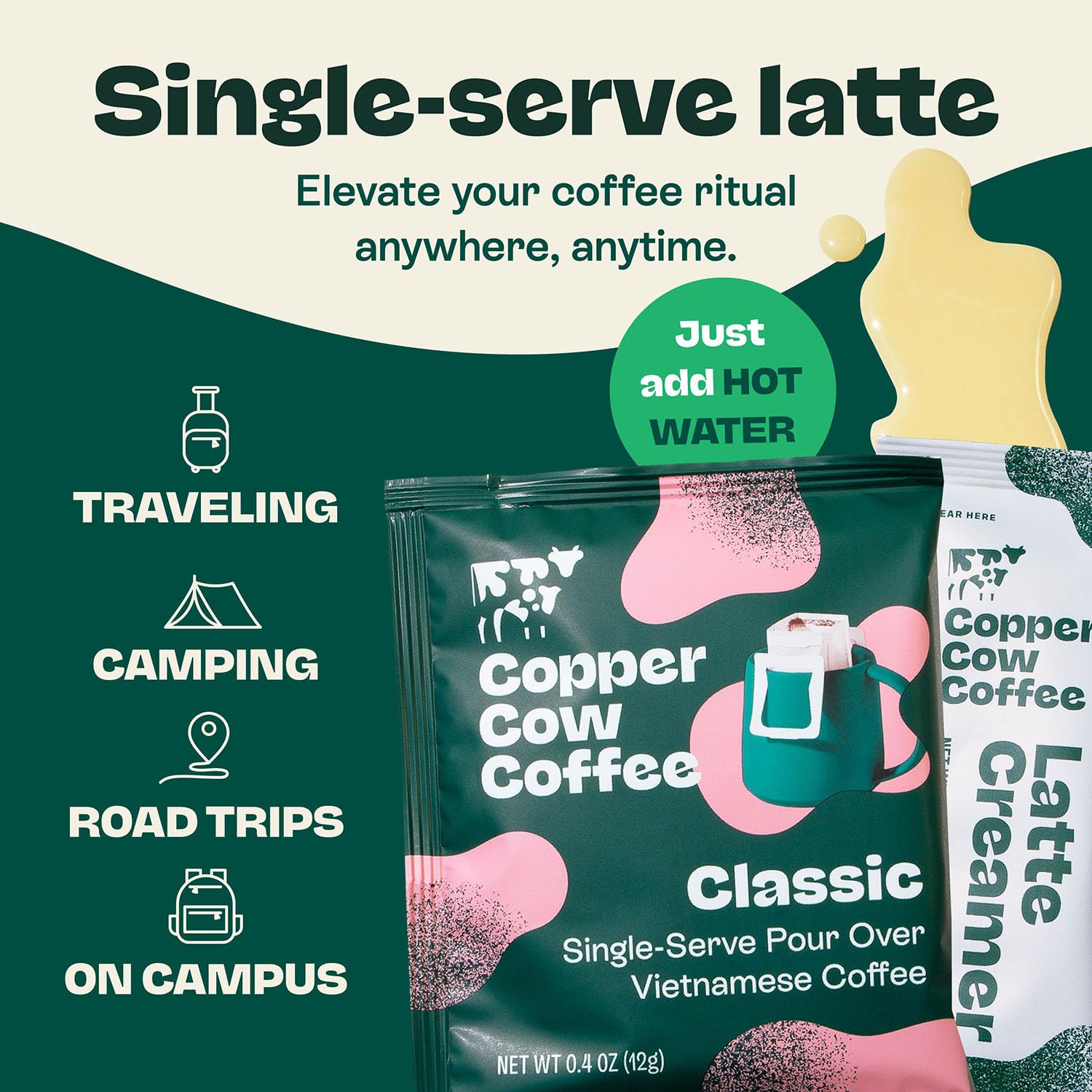 Copper Cow Coffee Pour Over Vietnamese Coffee Pouches + Sweetened Condensed Milk Creamers (8 Coffees & 8 Milk Creamers) | Classic Black Lattes, No