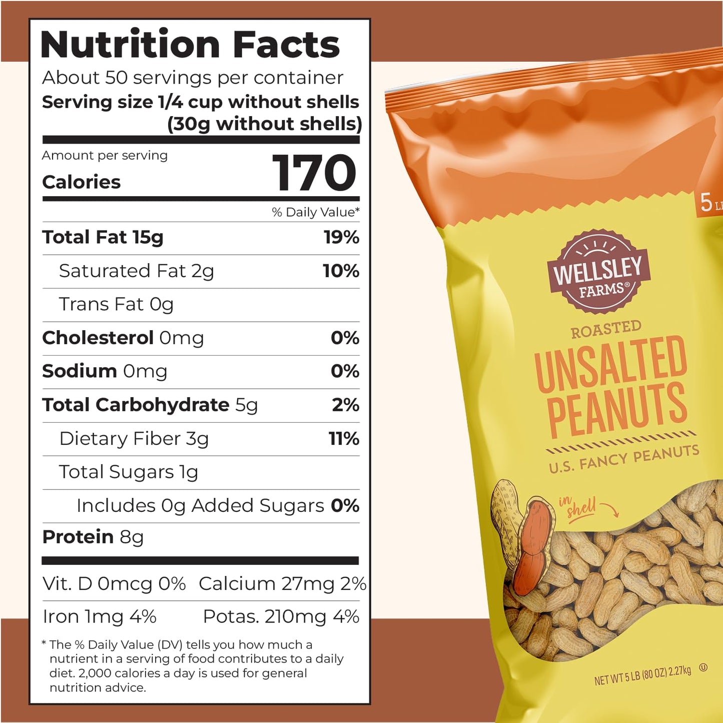 Wellsley Farms Unsalted Roasted In-Shell Peanuts, USA Grown Whole with Shell, Non-GMO, Low Sodium, Cholesterol-Free, Shell-Cracking Snack for Game