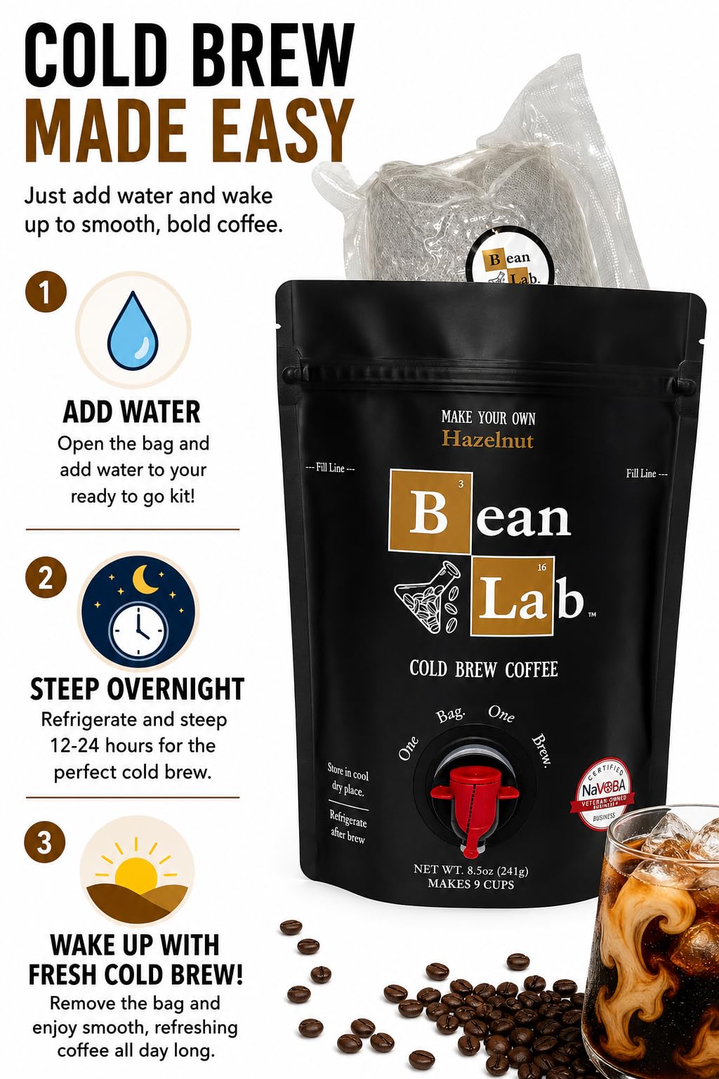 Bean Lab Cold Brew Coffee - Hazelnut Blend - Brew Bag - Coarse Ground Coffee - Smooth Low-Acid Coffee - Reusable Brew System - 100% Arabica - Medium