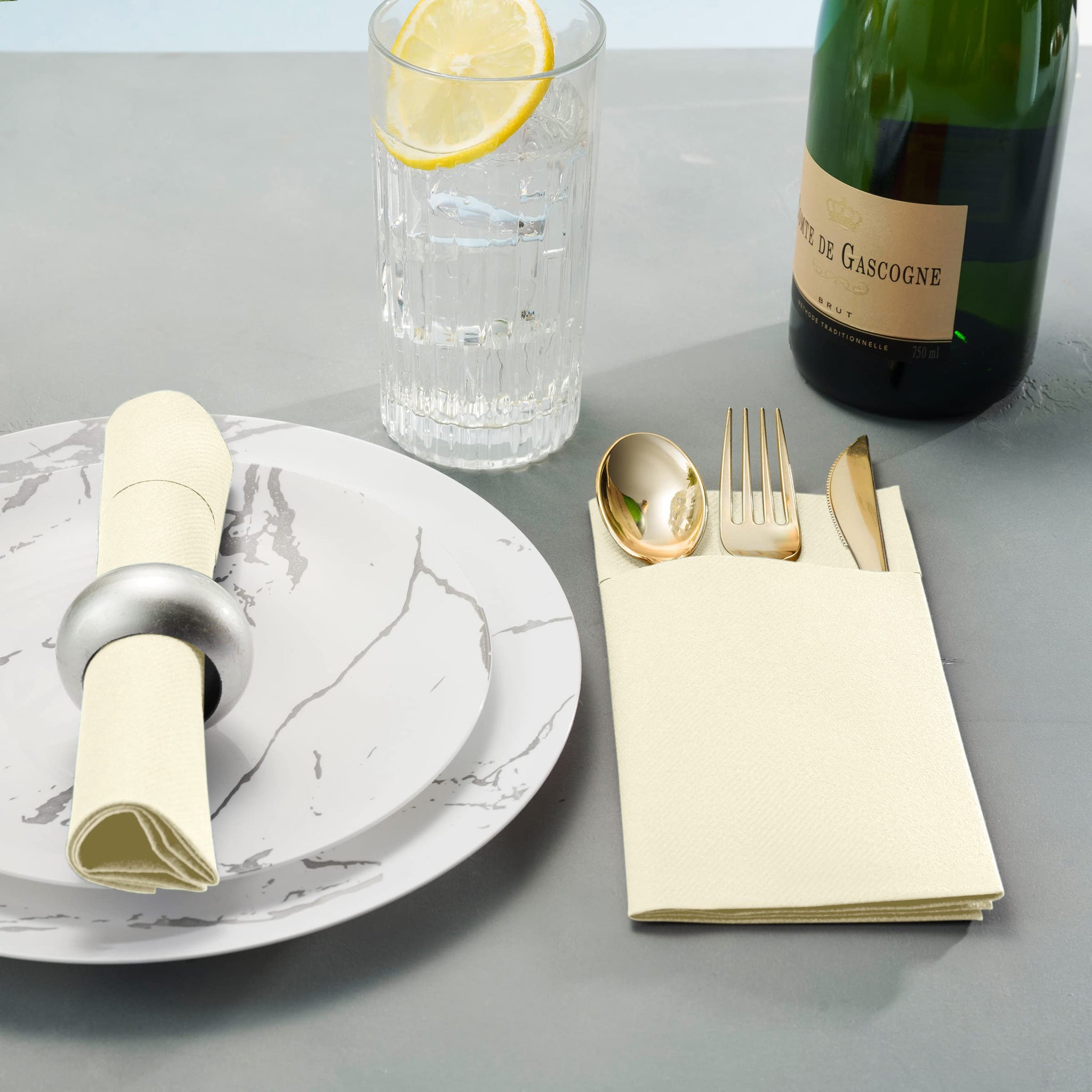 50-Pack Disposable Linen-Feel Dinner Napkins with Built-in Flatware Pocket, CREAM Prefolded Cloth Like Paper Napkins For Dinner, Wedding Or Party