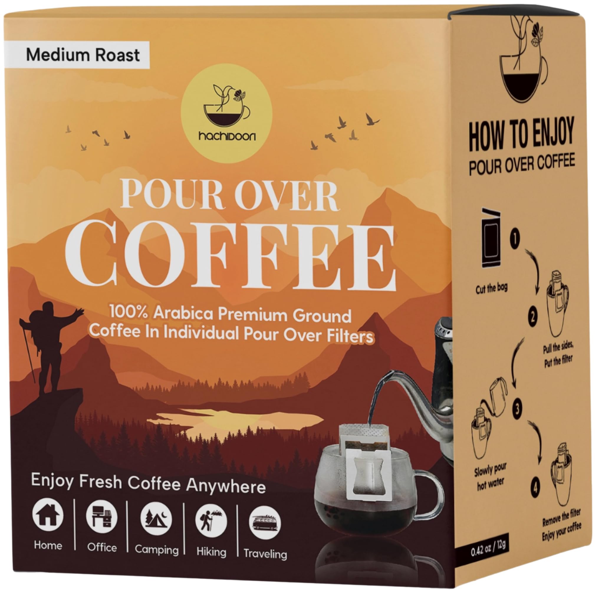 Hachidoori Single-Serve Portable Pour Over Drip Coffee - 7 Ready-to-Brew Packs with Ground Coffee & Filters | Fresh Coffee Anytime - Travel, Camping