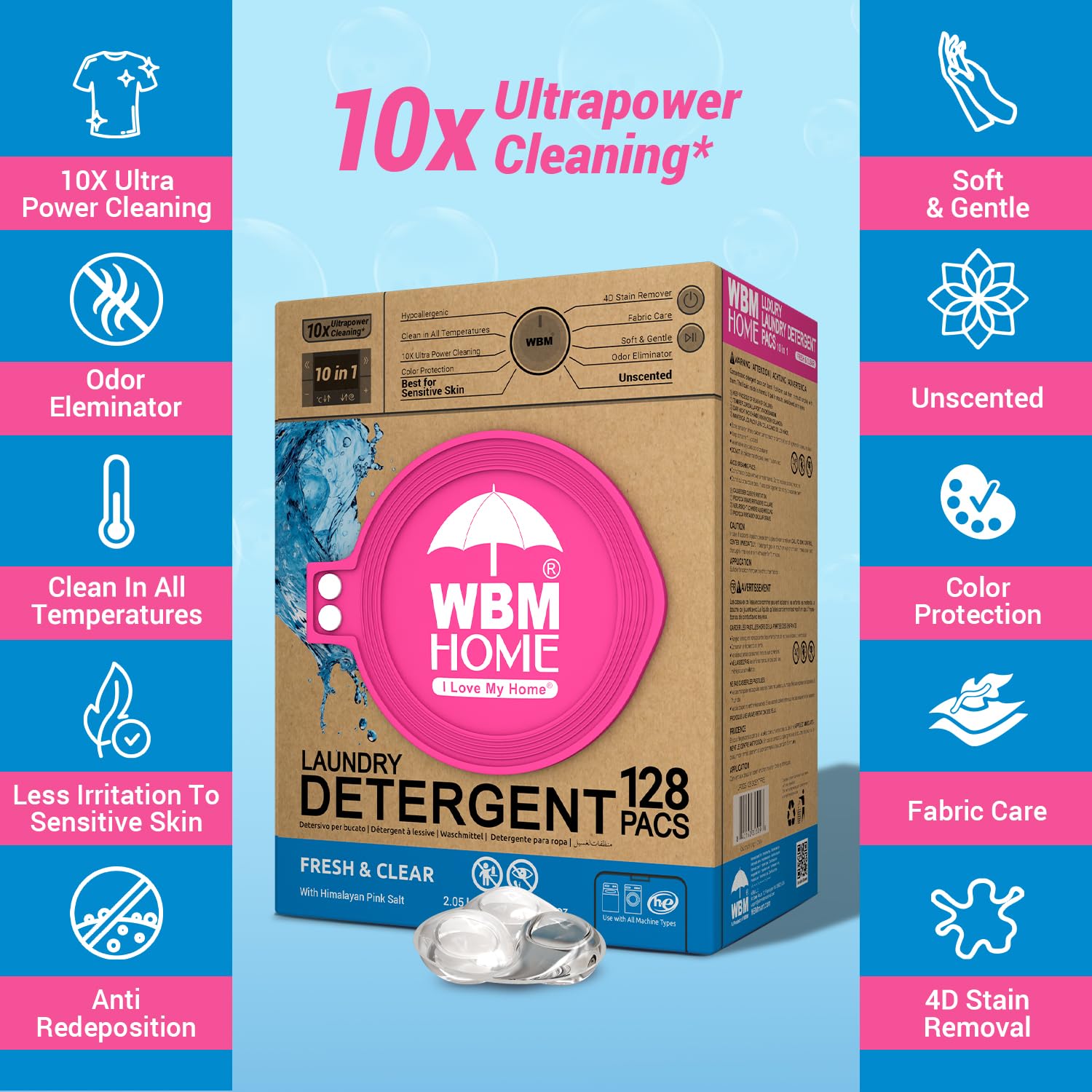 WBM Laundry Detergent Pods, 128 Count | Fresh & Clear Unscented | Laundry Pods 10x Ultrapower Cleaning With Color Protection and Eco-Friendly