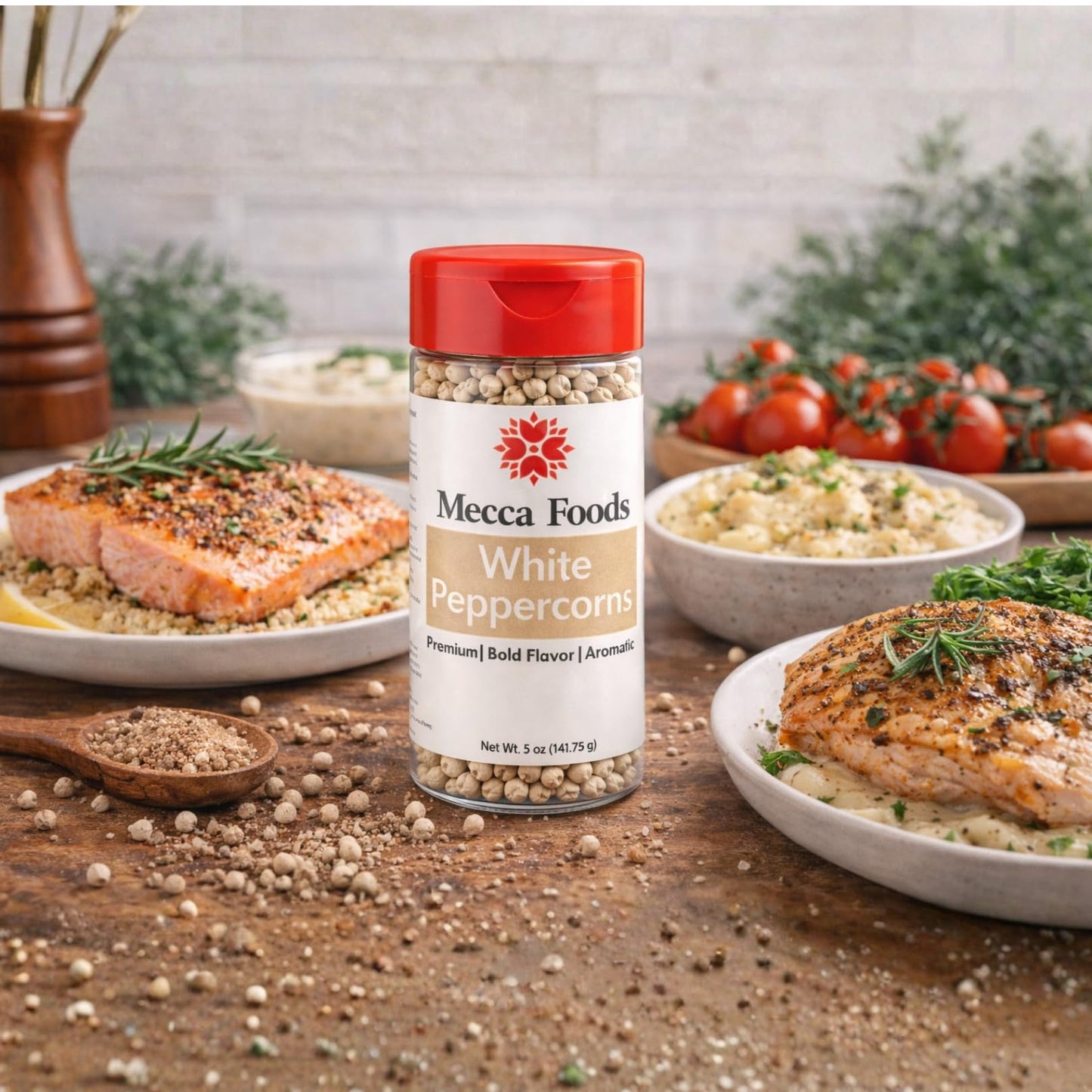 Mecca Foods Premium Whole White Peppercorns 5 oz - Gourmet White Pepper for Cooking, Seasoning & Marinades - Fresh Aroma in PET Jar