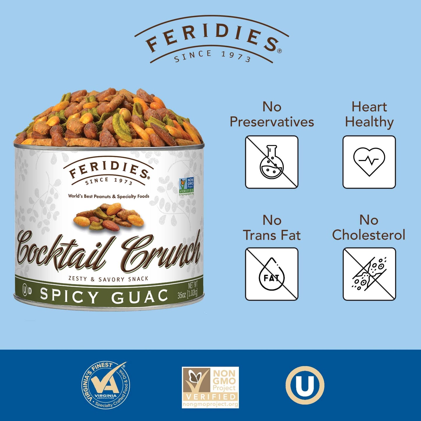 FERIDIES Gourmet Cocktail Crunch Spicy Guac Snack Mix for Adults with Tangy Buffalo and Guacamole Flavors, Premium Virginia Peanuts, Almonds, Sesame