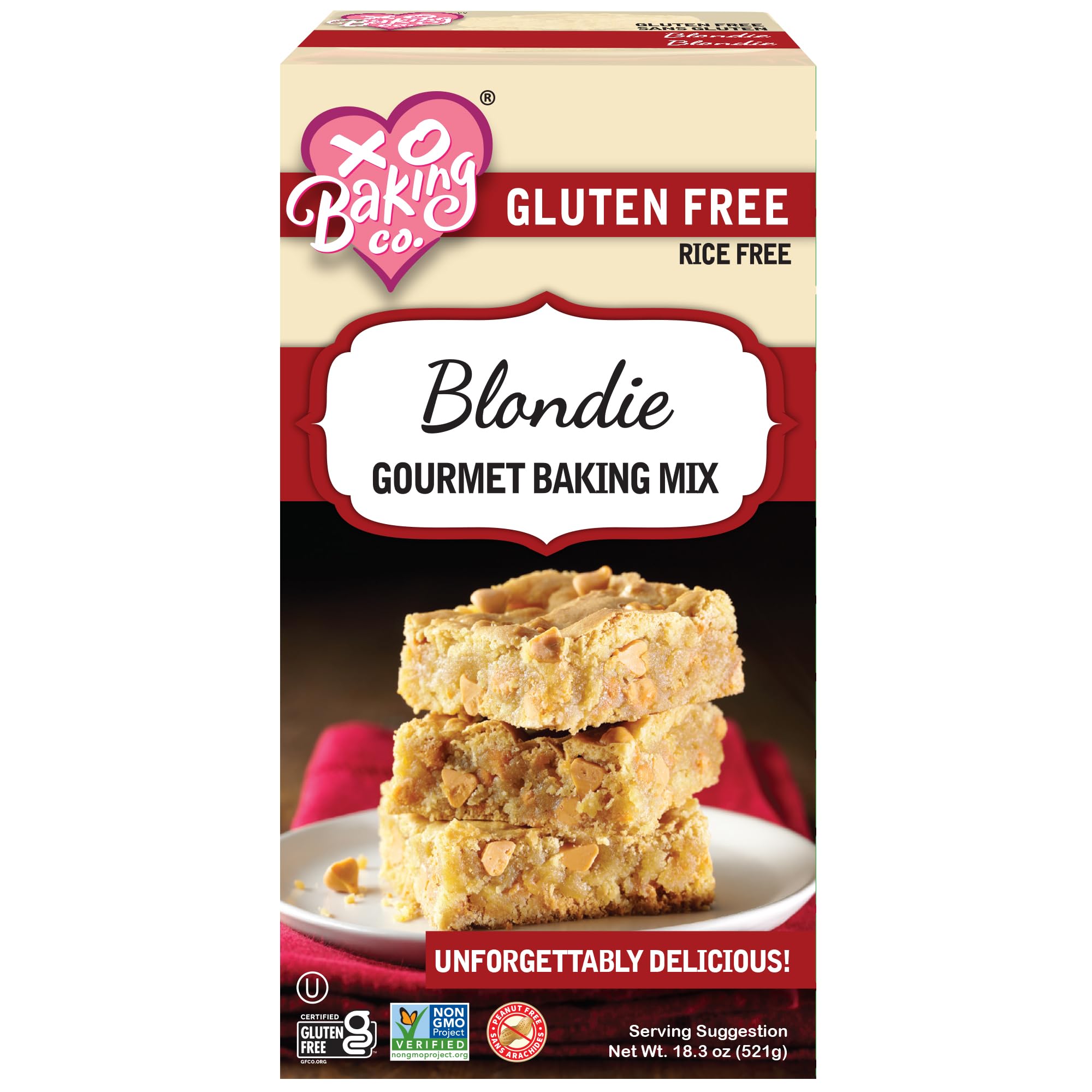 XO Baking Co. Gluten Free Blondie Gourmet Baking Mix; Non-GMO; Kosher; Rice Free; Dairy Free; Peanut Free; No Preservatives; No Artificial Flavors or Colors, 18.3oz