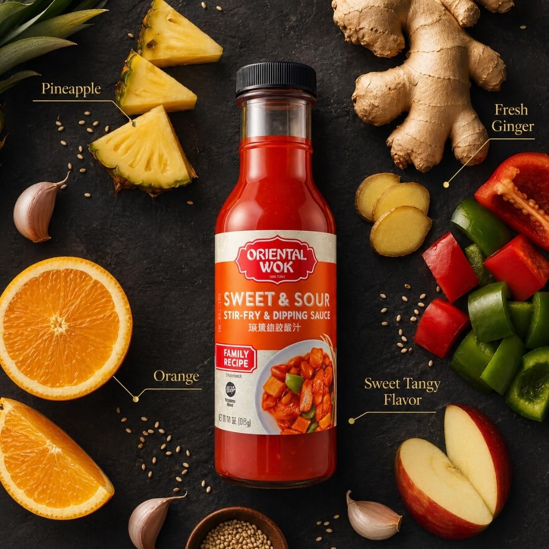 Oriental Wok Gourmet Sweet & Sour Stir-Fry & Dipping Sauce, W/Orange, Pineapple Juice, Apple & Ginger Flavor, Blend of Sweet & Tangy, 14 oz (1 Pack)