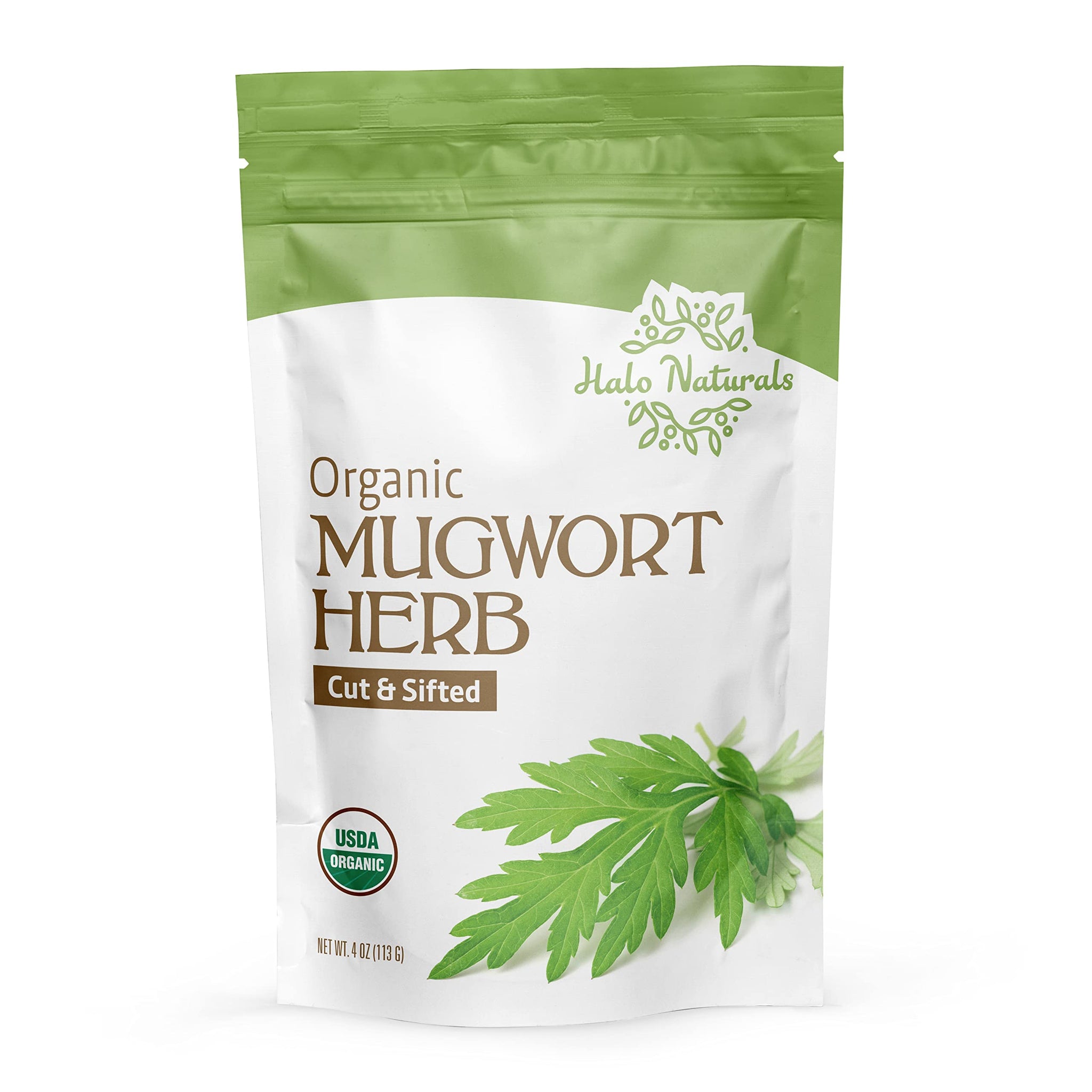 Halo Naturals Organic Mugwort Herb Cut & Sifted, 4 Ounces (Artemisia vulgaris) USDA Certified | Resealable Pouch| Packaged in The USA (Pack of 1)