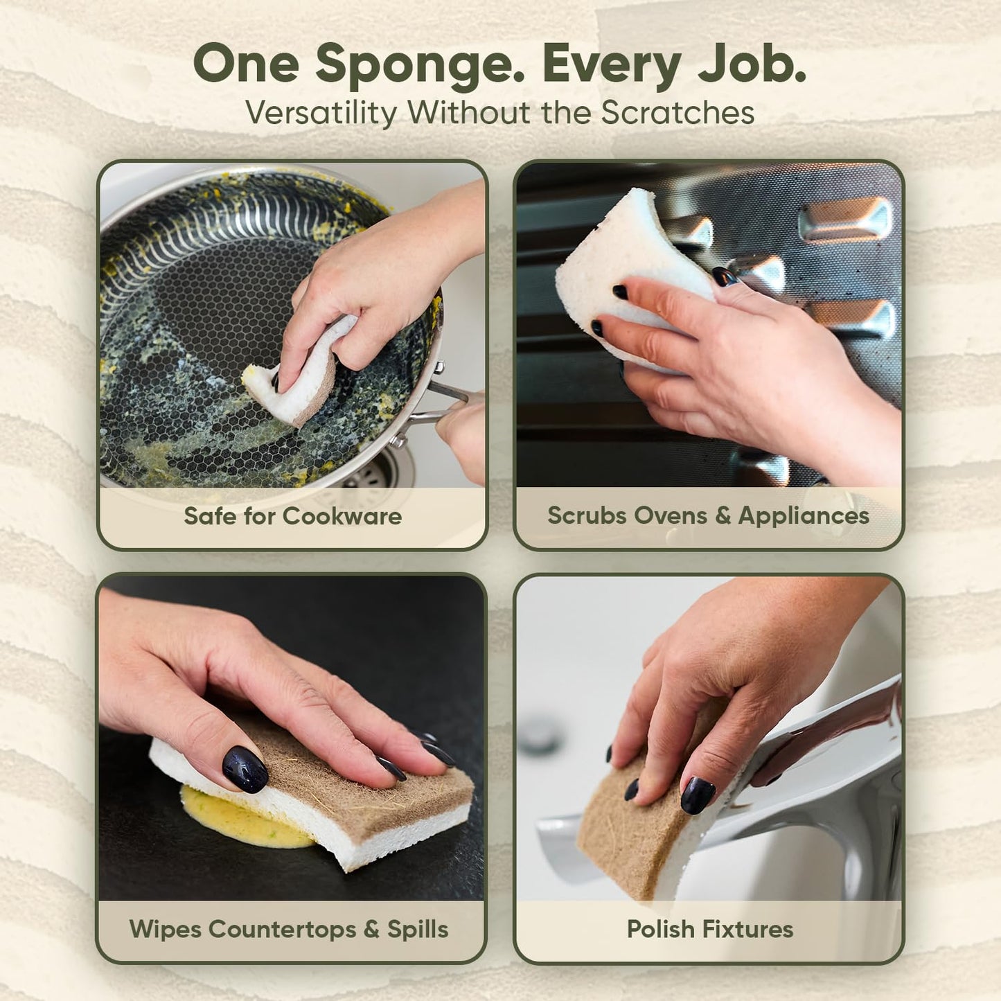 Plant-Based Kitchen Sponges (24 Pack) | USDA Biobased Certified | FSC & PETA Approved | Natural Cellulose & Coconut Scrubber Sponge | S-Shaped Design