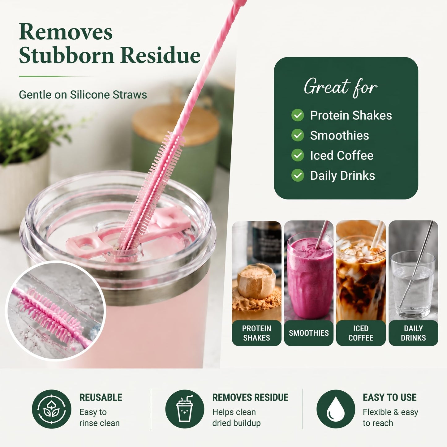 FreshNGo Silicone Straw Cleaner Brush, 4-Pcs Reusable Extra-Long Brush for Cleaning Metal & Glass Straws, Milkshake & Tumbler, 6mm+9mm (4, Blue)