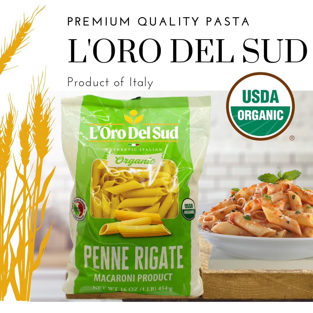 Organic Penne Rigate, 100% Durum Wheat, Italian Pasta, Premium Quality Product of Italy (10 pack x 16 Oz) Non GMO, Vegan, Kosher Certified by L'Oro