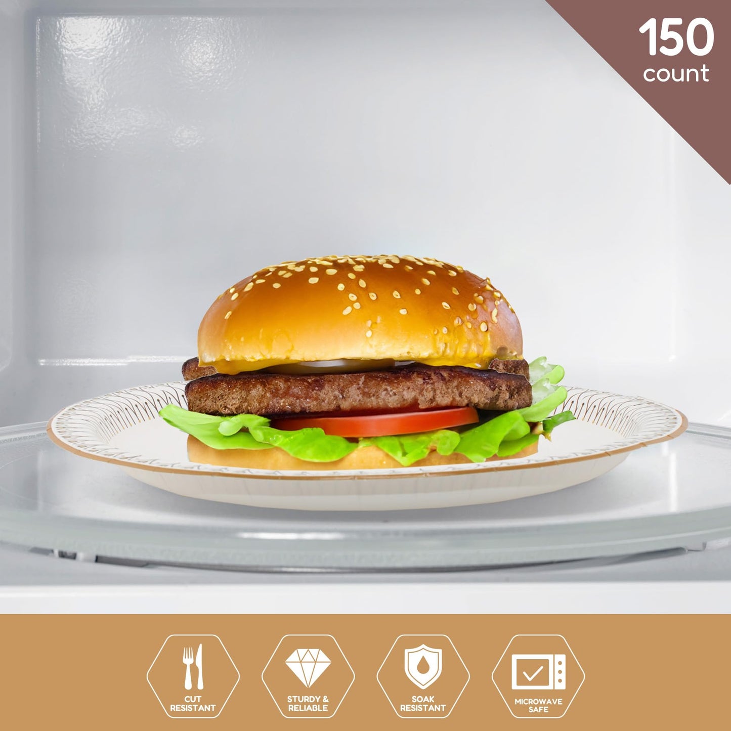 yesbox 150-Pack Elegant Gold Rim 10-Inch Paper Plates - Premium Disposable Dinnerware for Weddings, Parties, and Special Occasions