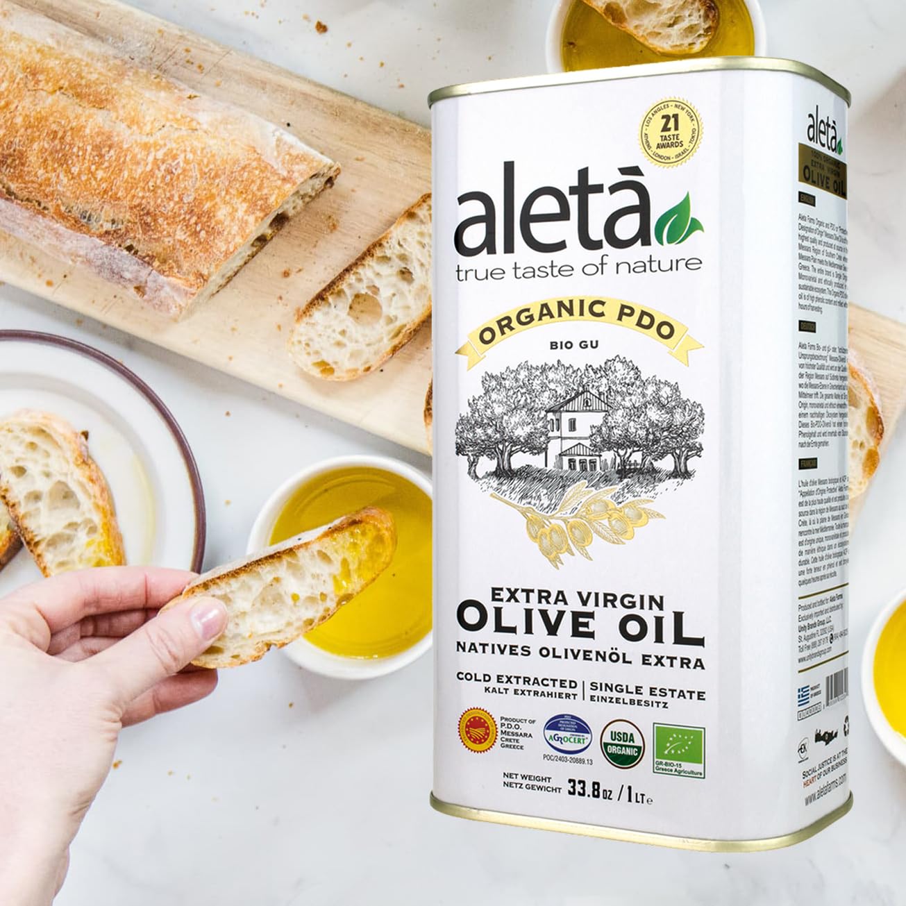 Aleta Farms Olive Oil Extra Virgin, USDA Organic, Single Estate PDO Polyphenol Rich Olive Oil, Cold Pressed, Global Gold Awards, Kosher, 33.8 Fl oz