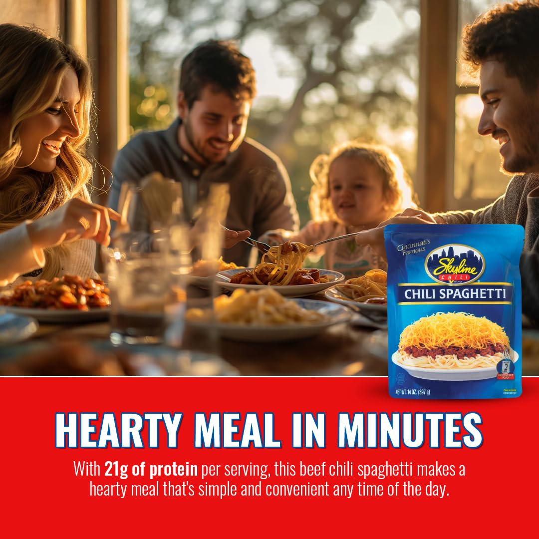 Skyline Chili & Spaghetti - Cincinnati Style - Authentic Recipe in Microwavable Pouches, Ideal for Cheese Coneys & Hot Dogs - Classic Flavor, Easy