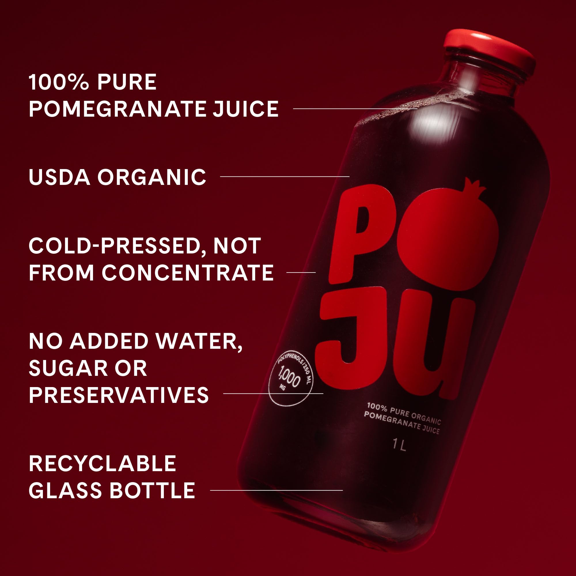 POJU 100% Organic Pomegranate Juice (Original, No Pulp) Cold Pressed 33.8 Fl Oz (1L) Bottle, Not from Concentrate, No Sugar Added, Non GMO, Kosher