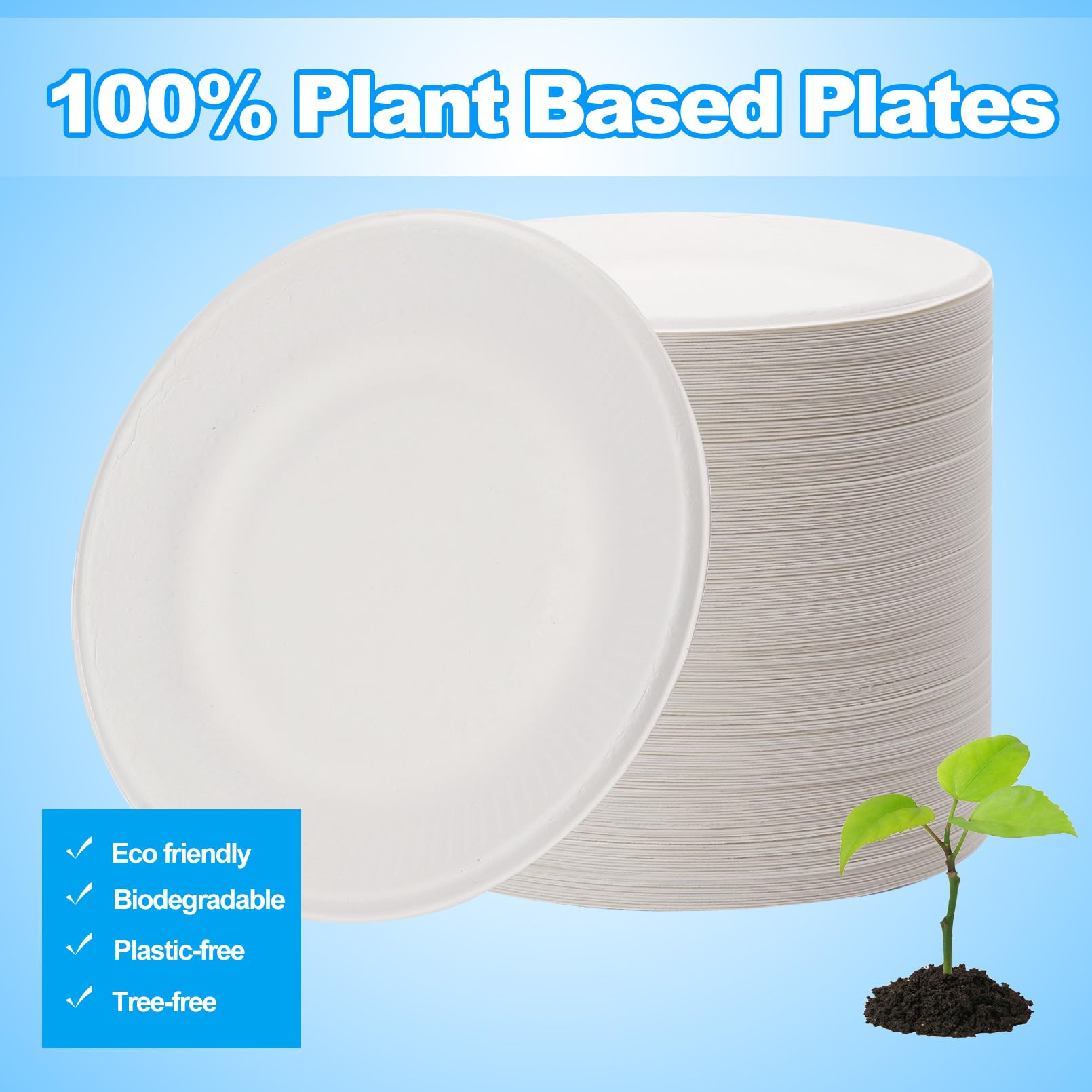 PUREZON 200 Pack Disposable Paper Plates, 8 Inch Compostable Biodegradable Plate, Heavy Duty Sugarcane Bagasse Plates(White)