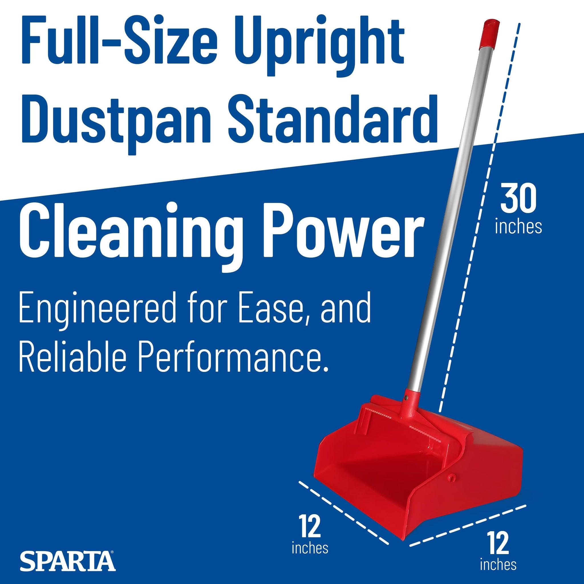 SPARTA Color Coded Upright Dustpan with 30 Inch Aluminum Handle, Serrated Edge and Locking Yoke, Standing Commercial Floor Dust Pan, Red