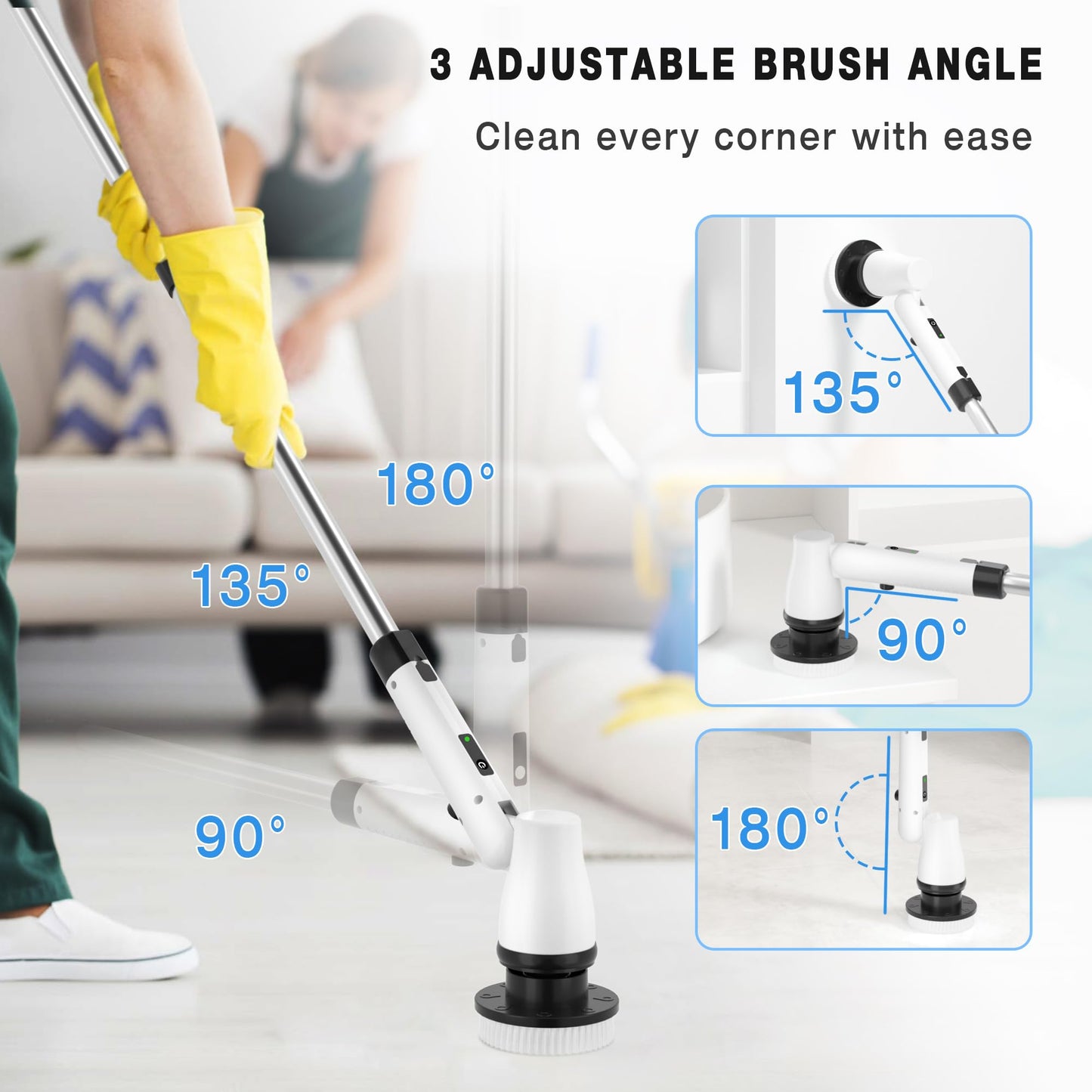 KEROMEE Electric Spin Scrubber Cordless Cleaning Brush with 7 Replaceable Brush Heads & Adjustable Extension Handle, 2 Speed Power Shower Scrubber