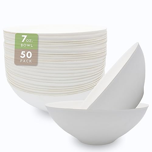 50ct Sugarcane 7oz Small Modern White Bowl Eco Friendly Perfect Small Disposable Plates & Soup Bowls for Caterers, Wedding Planners, Parties CMJJ