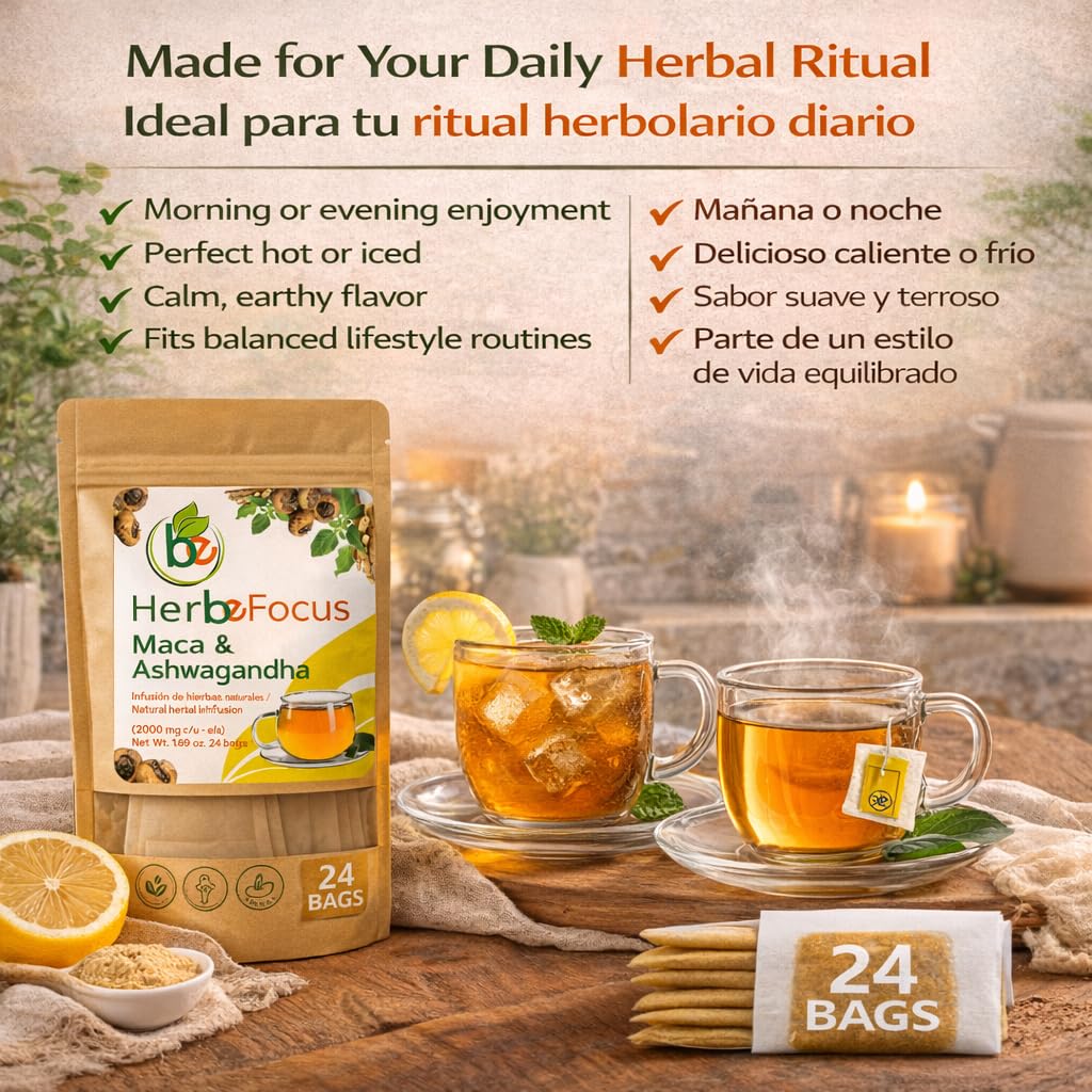 Maca & Ashwagandha Herbal Tea (24 Tea Bags) - 2000mg Each - Traditional Vitality & Balance Blend - 100% Natural, Caffeine-Free, Non-GMO - Authentic