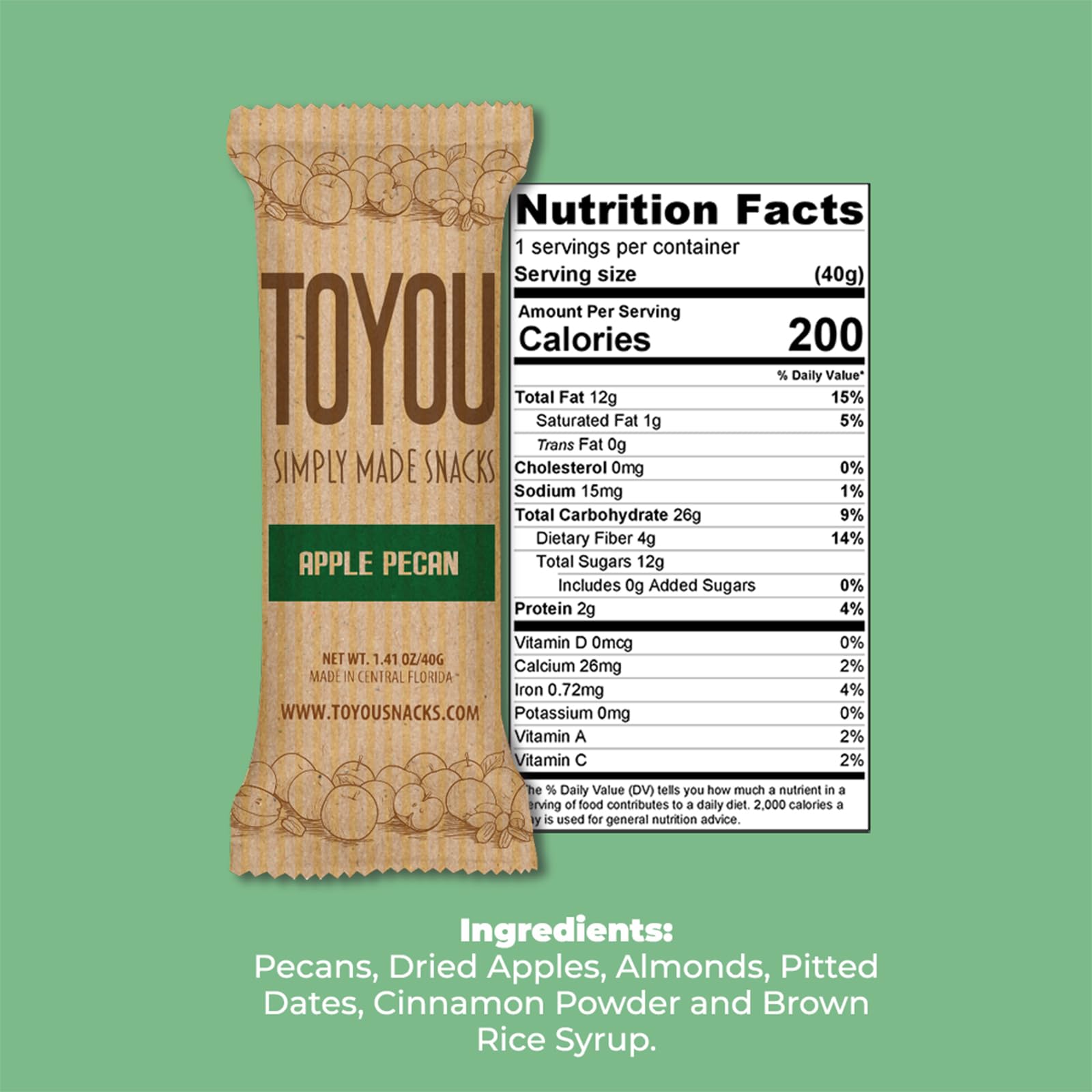 ToYou Gluten Free Vegan Apple Pecan Snack Bars, 6 Count, 6 Ounce