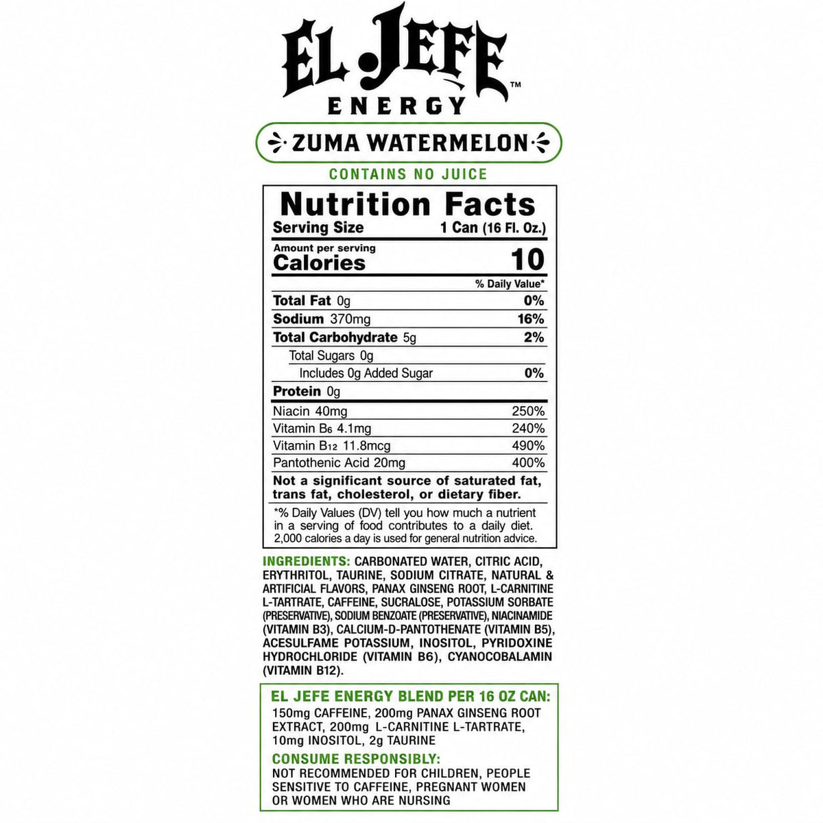 EL JEFE Energy Drink, Zuma Watermelon, Zero Sugar, 16 fl oz Cans, 12-Pack