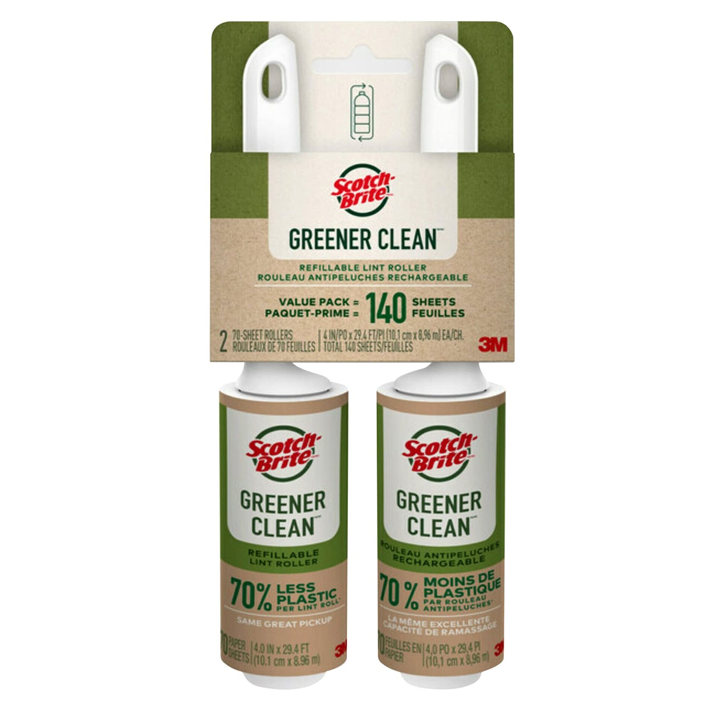 Scotch-Brite Greener Clean Lint Roller, 2 Pack (140 Sheets Total), 4 in x 29.4 ft Each, Refillable Rollers with 100% Recycled Handles, Strong Adhesive