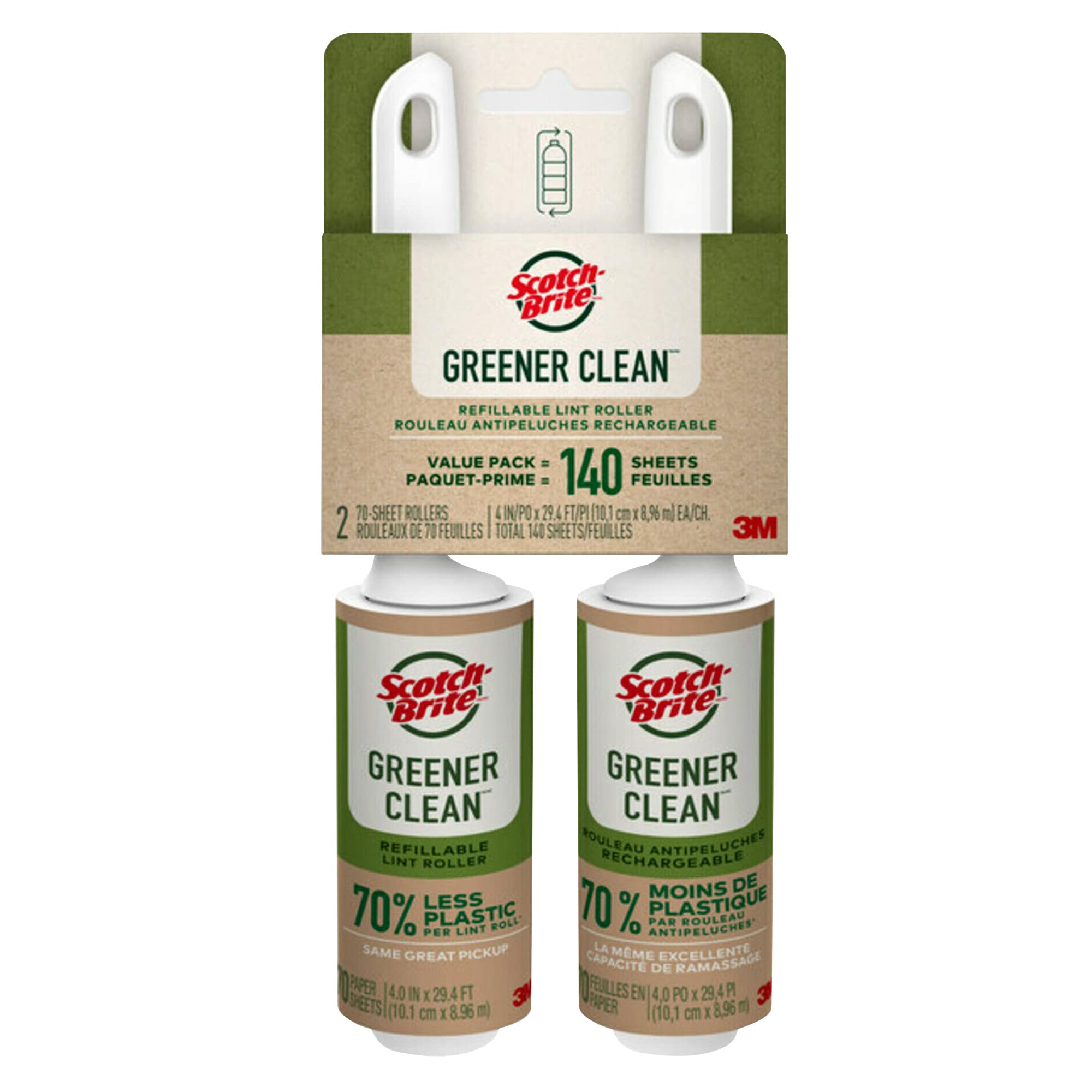 Scotch-Brite Greener Clean Lint Roller, 2 Pack (140 Sheets Total), 4 in x 29.4 ft Each, Refillable Rollers with 100% Recycled Handles, Strong Adhesive