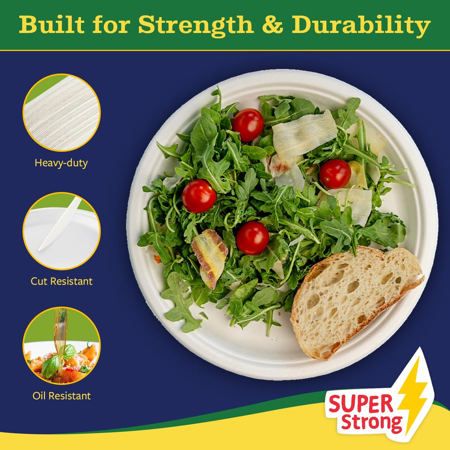 Bright Habits 10” Compostable Plates, 125-Pack | Biodegradable Sugarcane | Sturdy, Microwave-Safe Disposable Plates for Parties & Events
