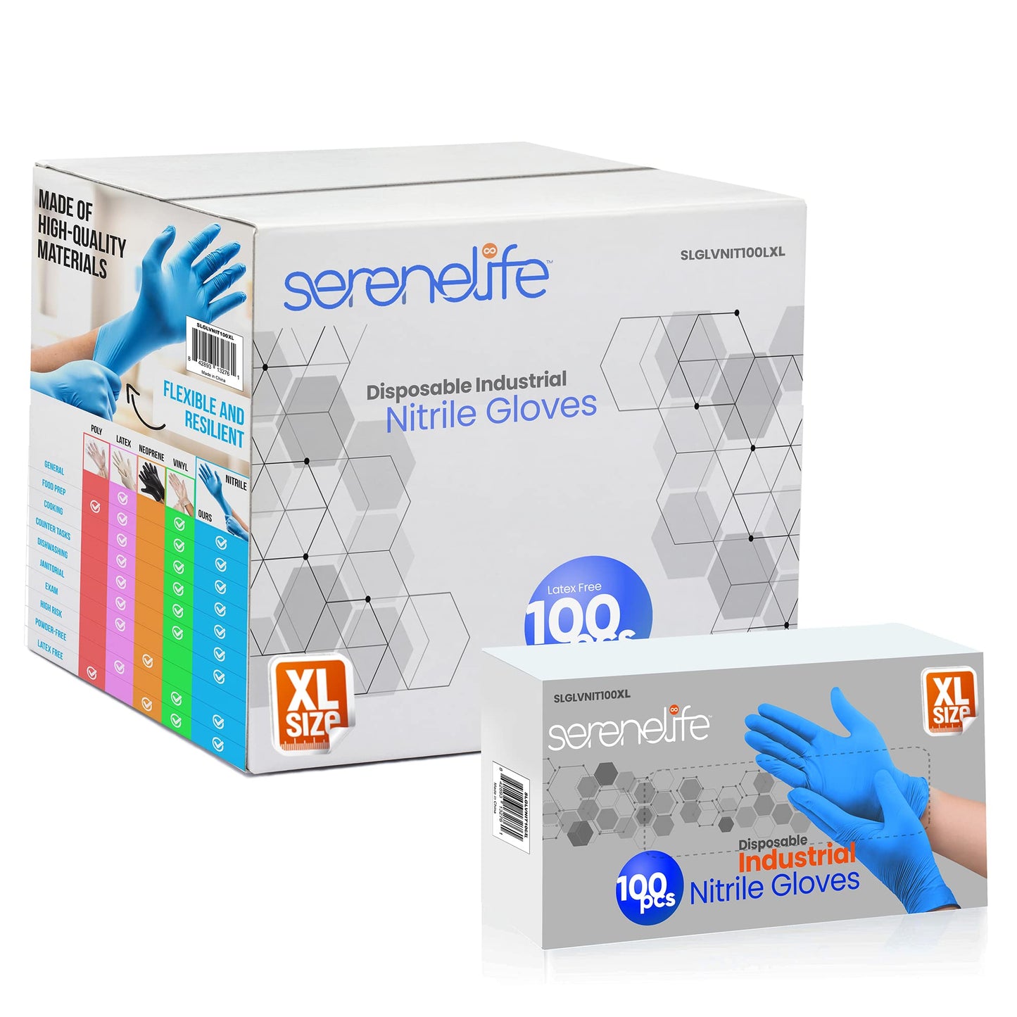 SereneLife Extra Large Size Nitrile Disposable Latex & Powder Free Gloves - Great for Kitchens, Food Handling & Cleaning Supplies - Soft & Comfortable