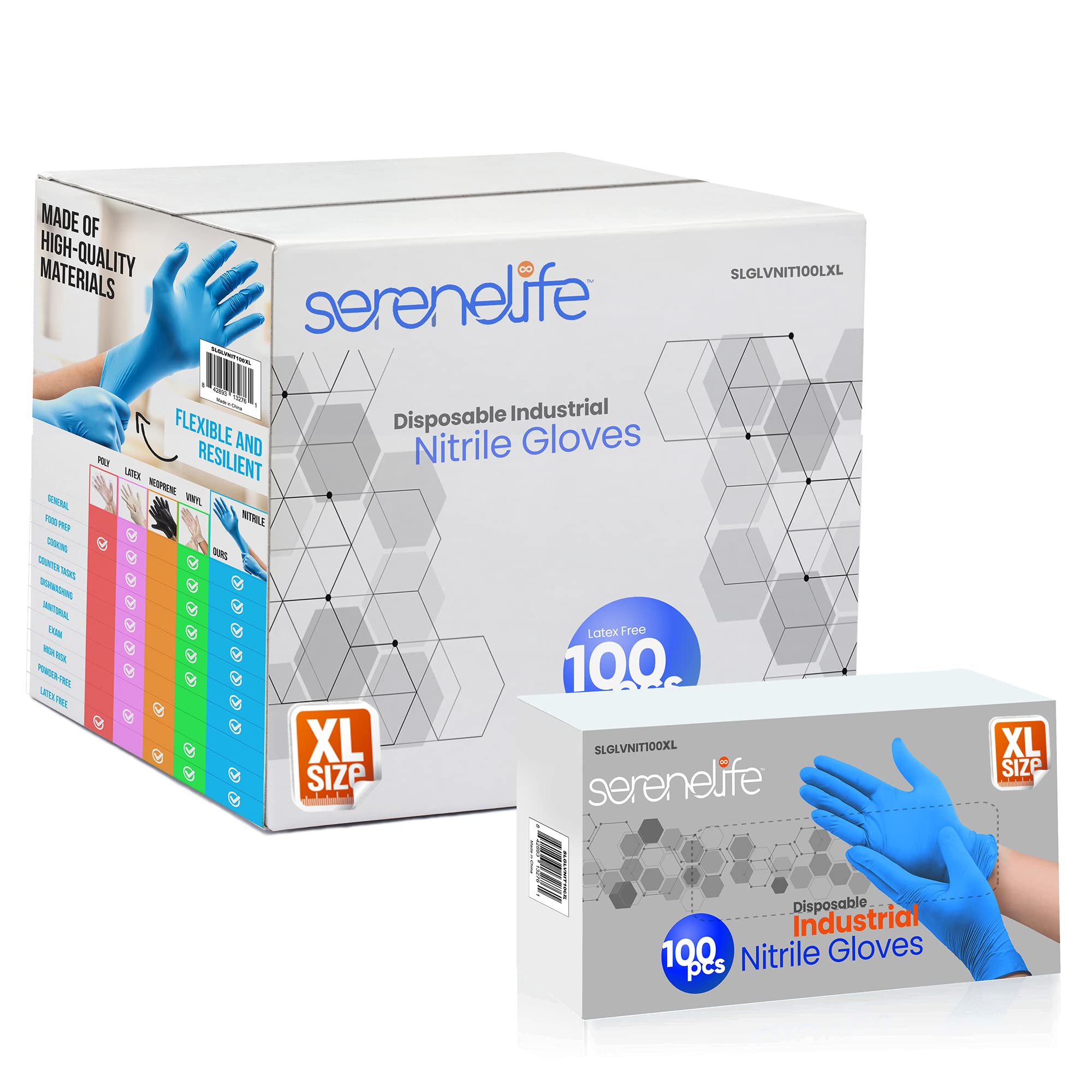 SereneLife Extra Large Size Nitrile Disposable Latex & Powder Free Gloves - Great for Kitchens, Food Handling & Cleaning Supplies - Soft & Comfortable