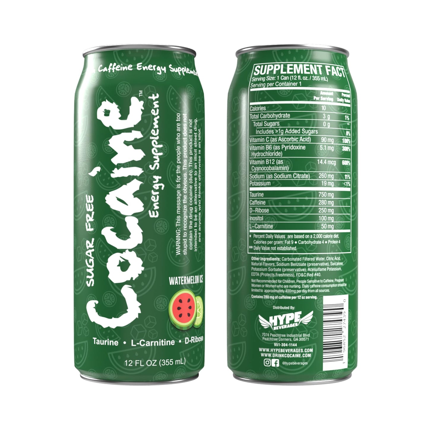 Hype Beverages Official Pre Workout Sugar Free Watermelon Energy Drink - 280mg Caffeine, 750mg Taurine, 50mg L-Carnitine, Vitamin C, B6, B12 - Healthy