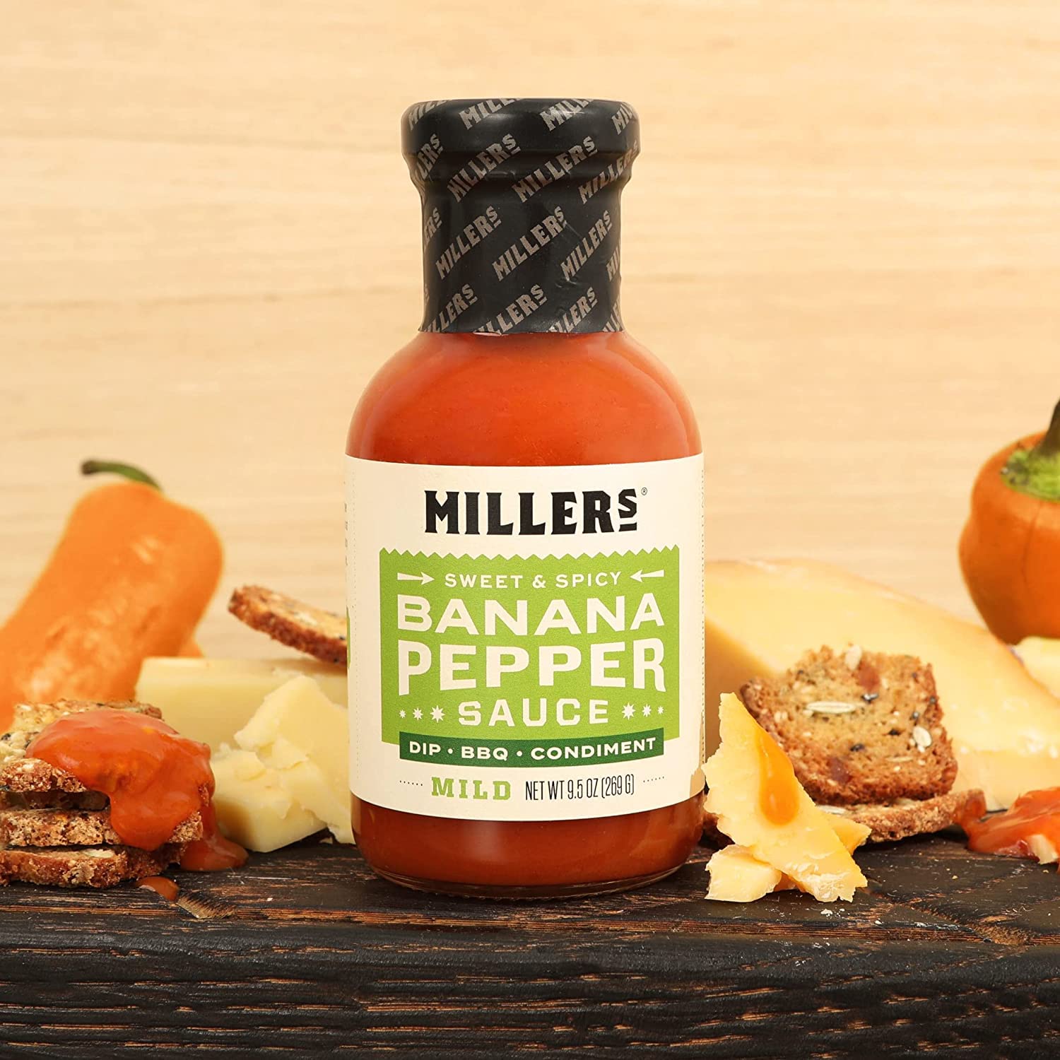 Miller's Banana Pepper Mild Hot Sauce, Sweet Spicy Banana Pepper Sauce - Best Use for Chicken Wing, Burgers, Sandwich with Low Sodium Content 9.5 OZ