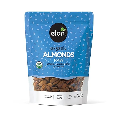 Elan Organic California Raw Almonds, 7.0 oz, Unsalted, Unroasted, Raw Nuts, Non-Gmo, Vegan, Gluten-Free, Kosher, Healthy Snacks