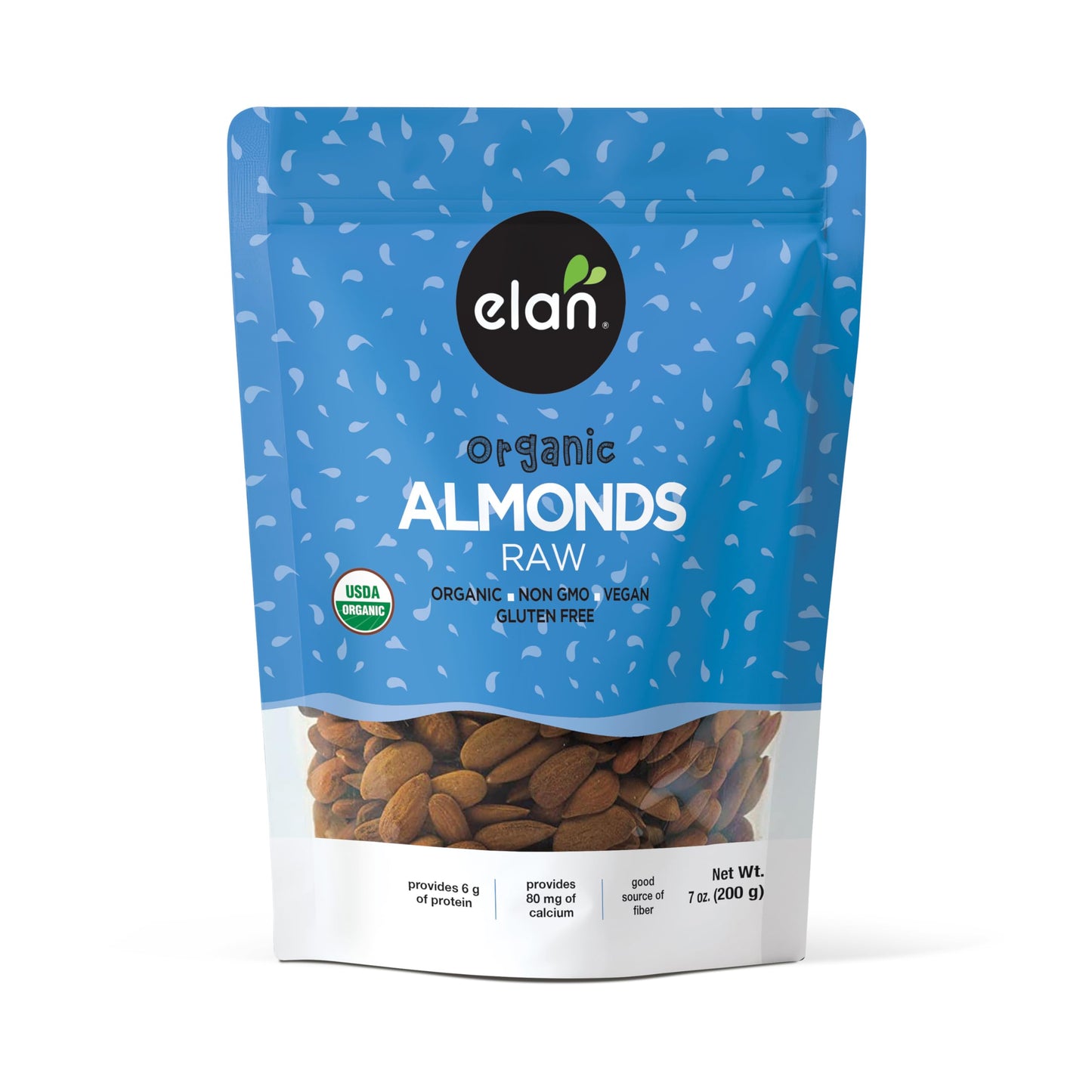Elan Organic California Raw Almonds, 7.0 oz, Unsalted, Unroasted, Raw Nuts, Non-Gmo, Vegan, Gluten-Free, Kosher, Healthy Snacks