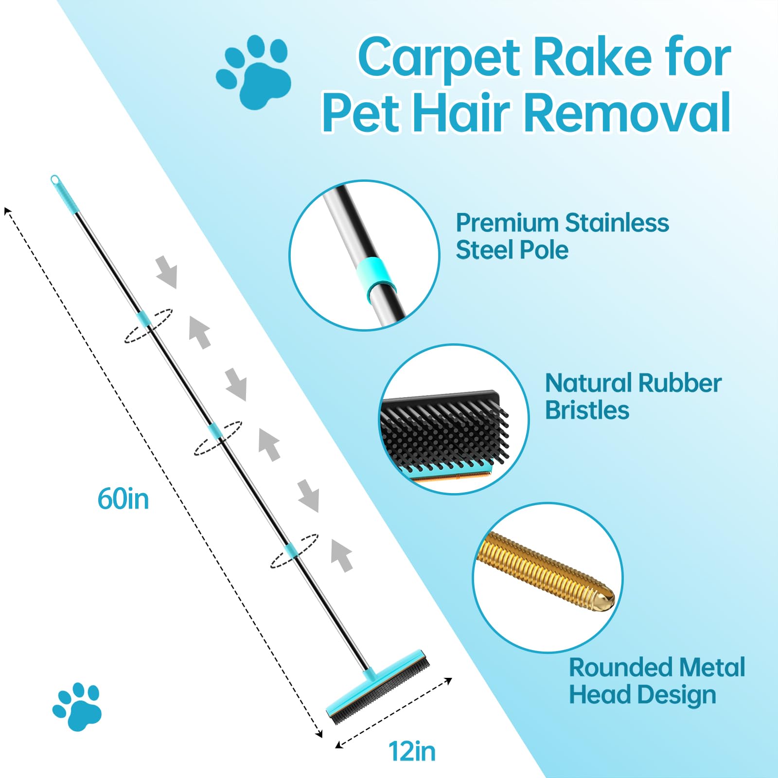 Carpet Rake - 60" Long Handle Pet Hair Removal with Metal Fabric Edge Design,Carpet Broom,Carpet Rake for Carpets, Rugs,Mats,Couch,Stairs