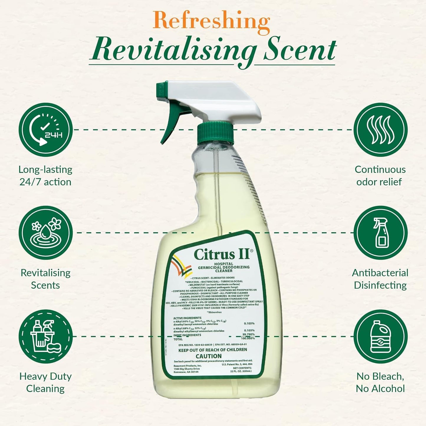 Citrus II Hospital Germicidal Deodorizing Cleaner - Fresh Citrus Scent - Disinfecting Spray - for Home, Hospital and Office Surfaces and Supplies - 22